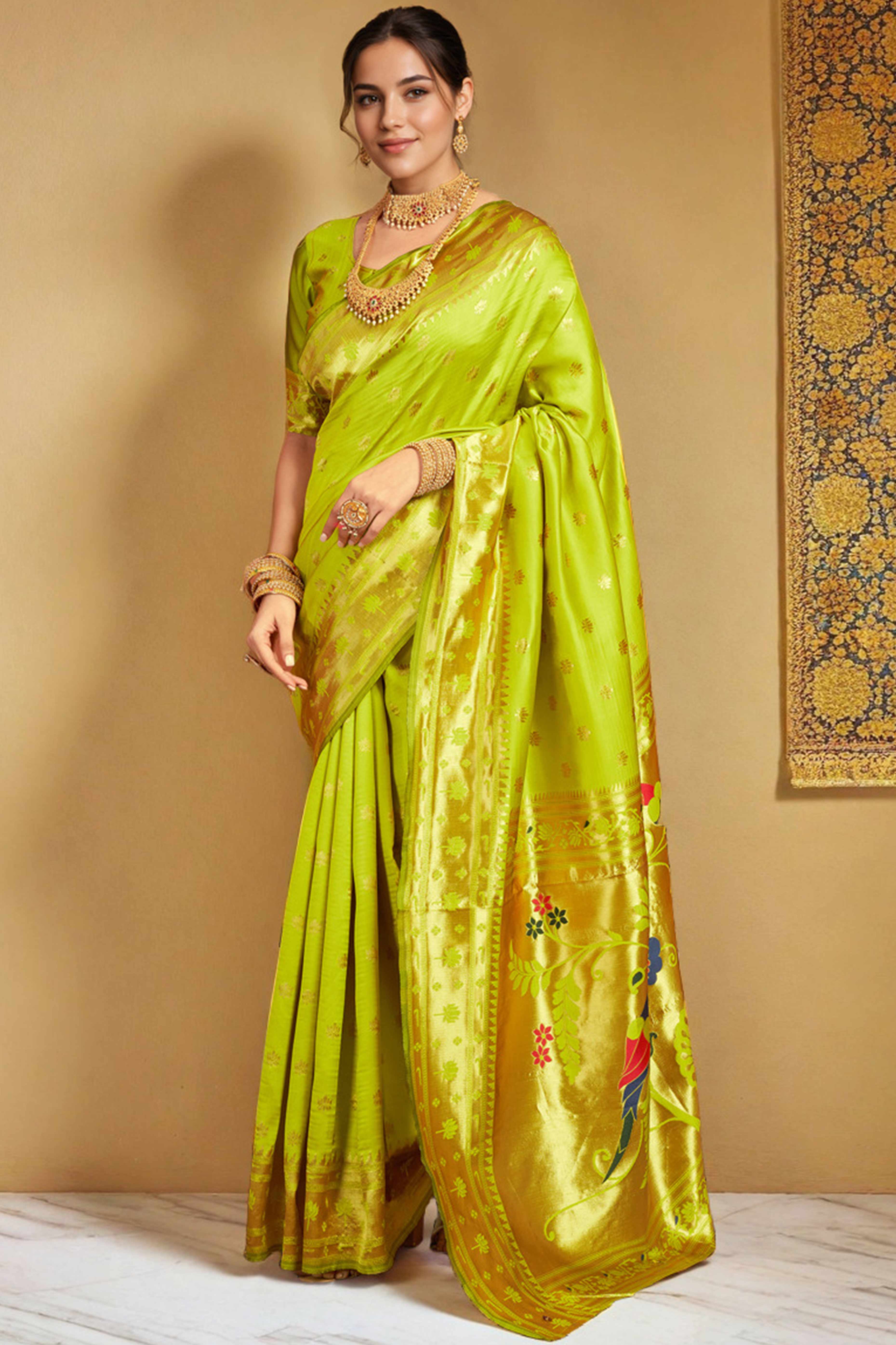 Lime Green Weaving Silk Blend Paithani Saree With Floral & Parrot Motif Pallu