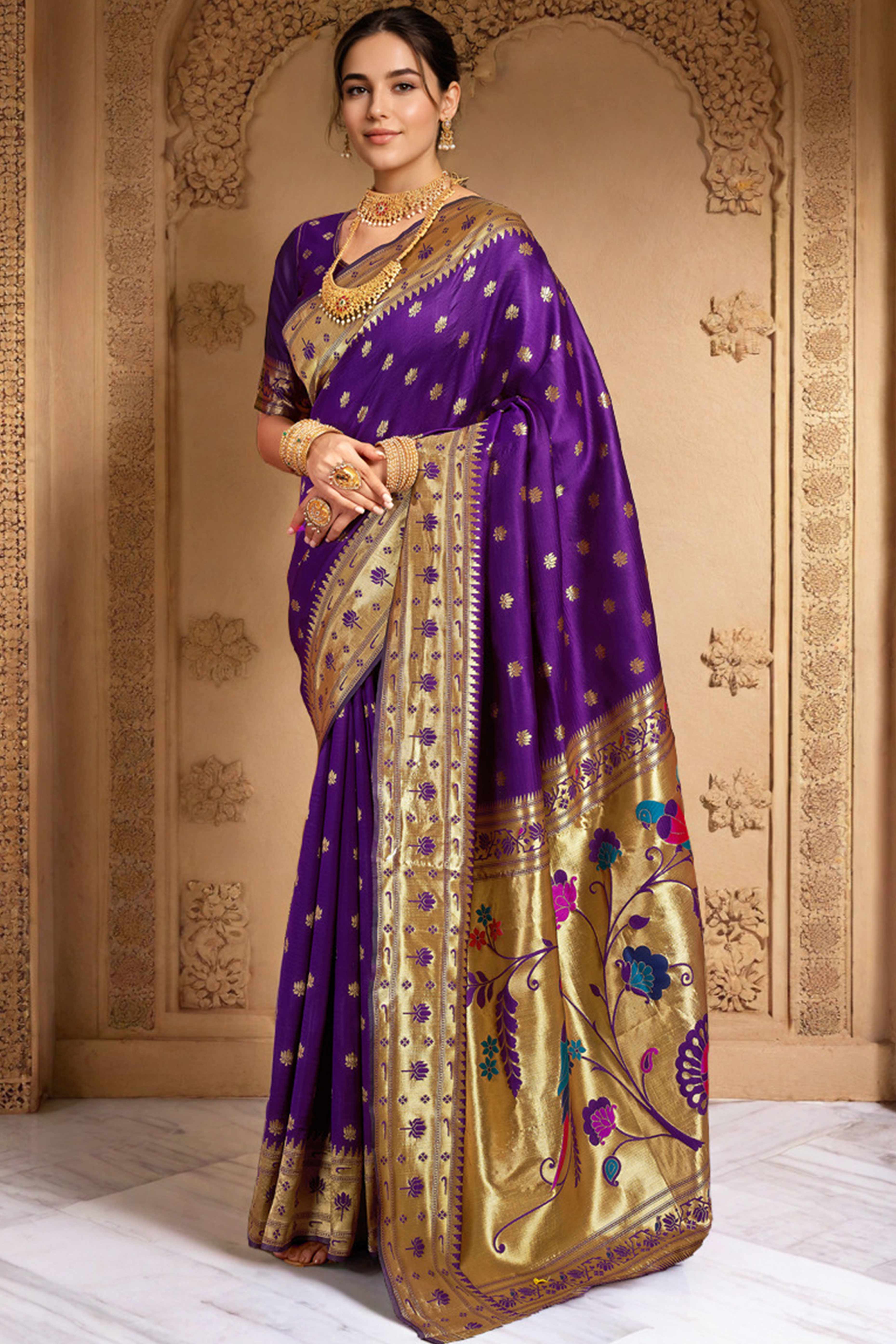 Purple Weaving Silk Blend Paithani Saree With Floral & Parrot Motif Pallu