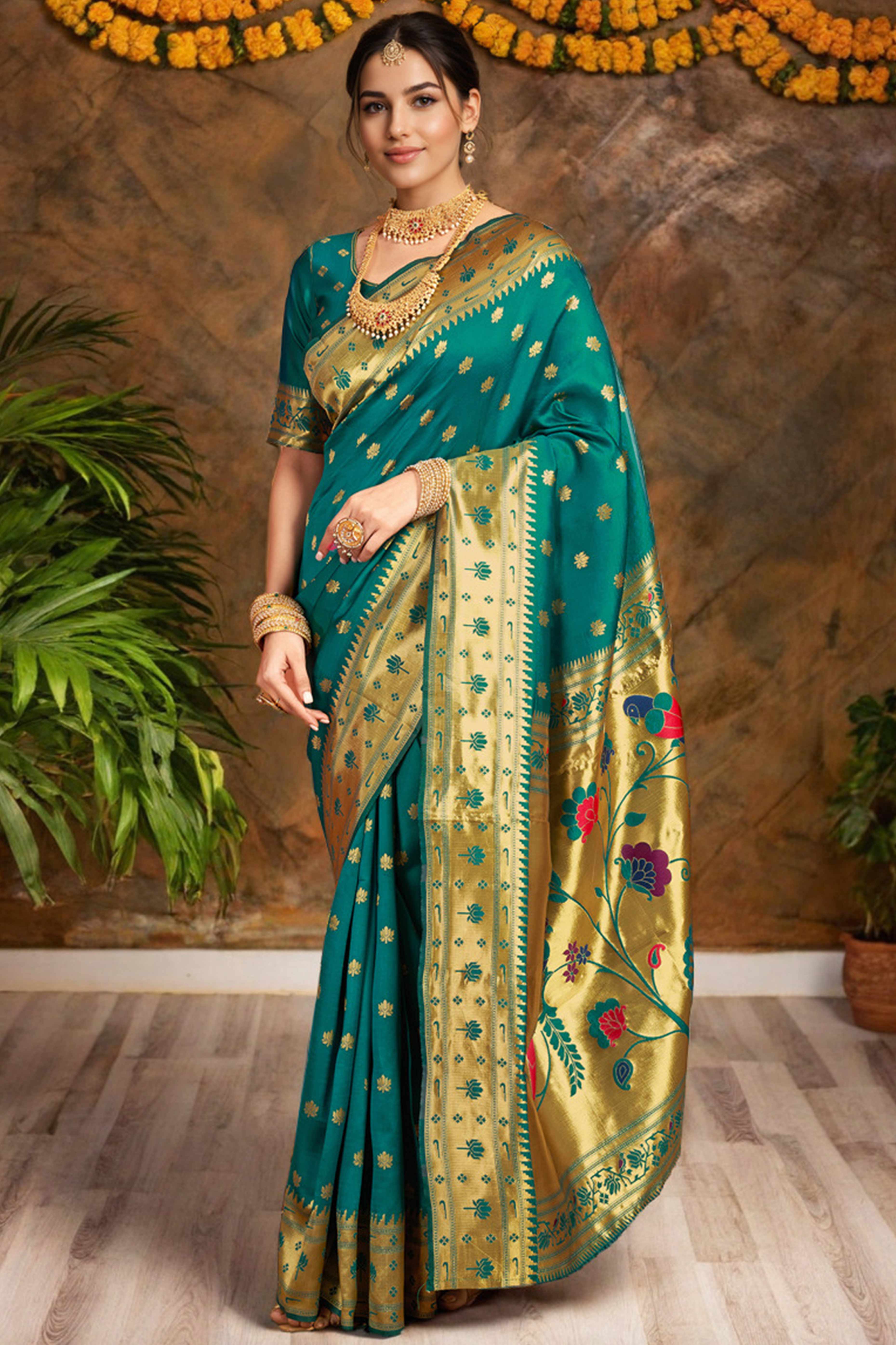 Rama Green Weaving Silk Blend Paithani Saree With Floral & Parrot Motif Pallu