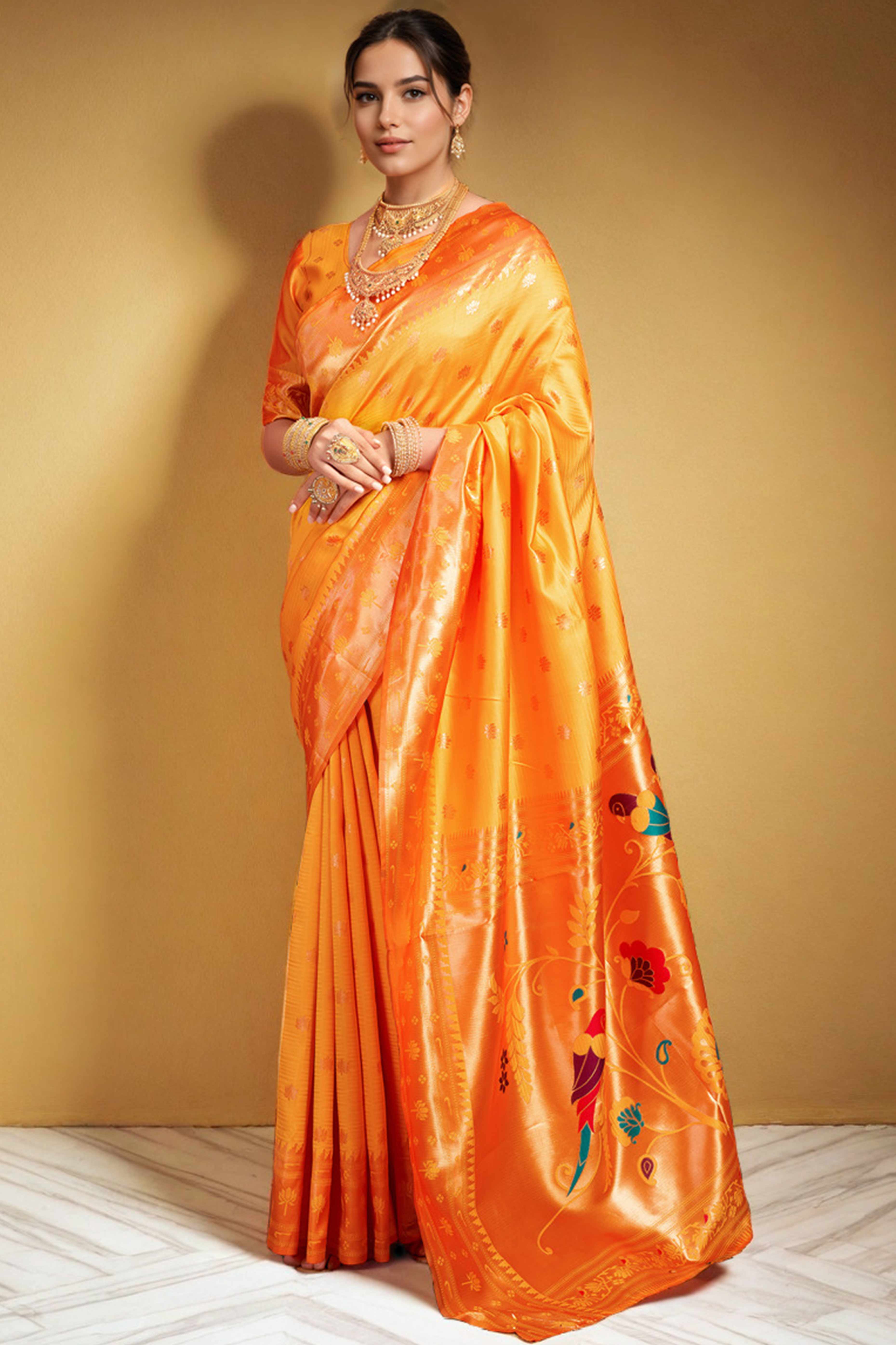 Orange Weaving Silk Blend Paithani Saree With Floral & Parrot Motif Pallu