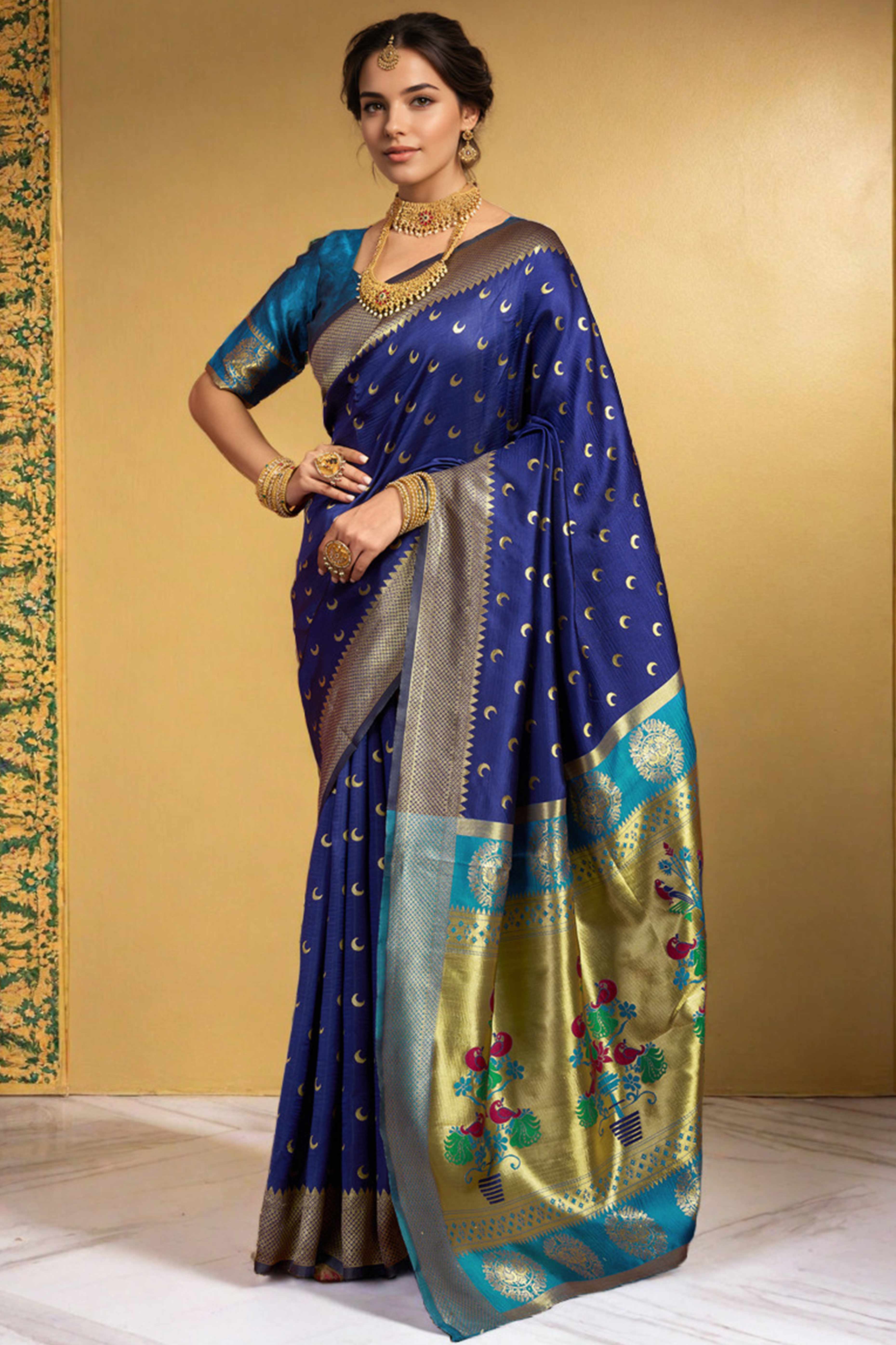 Navy Blue Chandrakor Paithani Silk Blend Saree With Intricate Zari Weaving