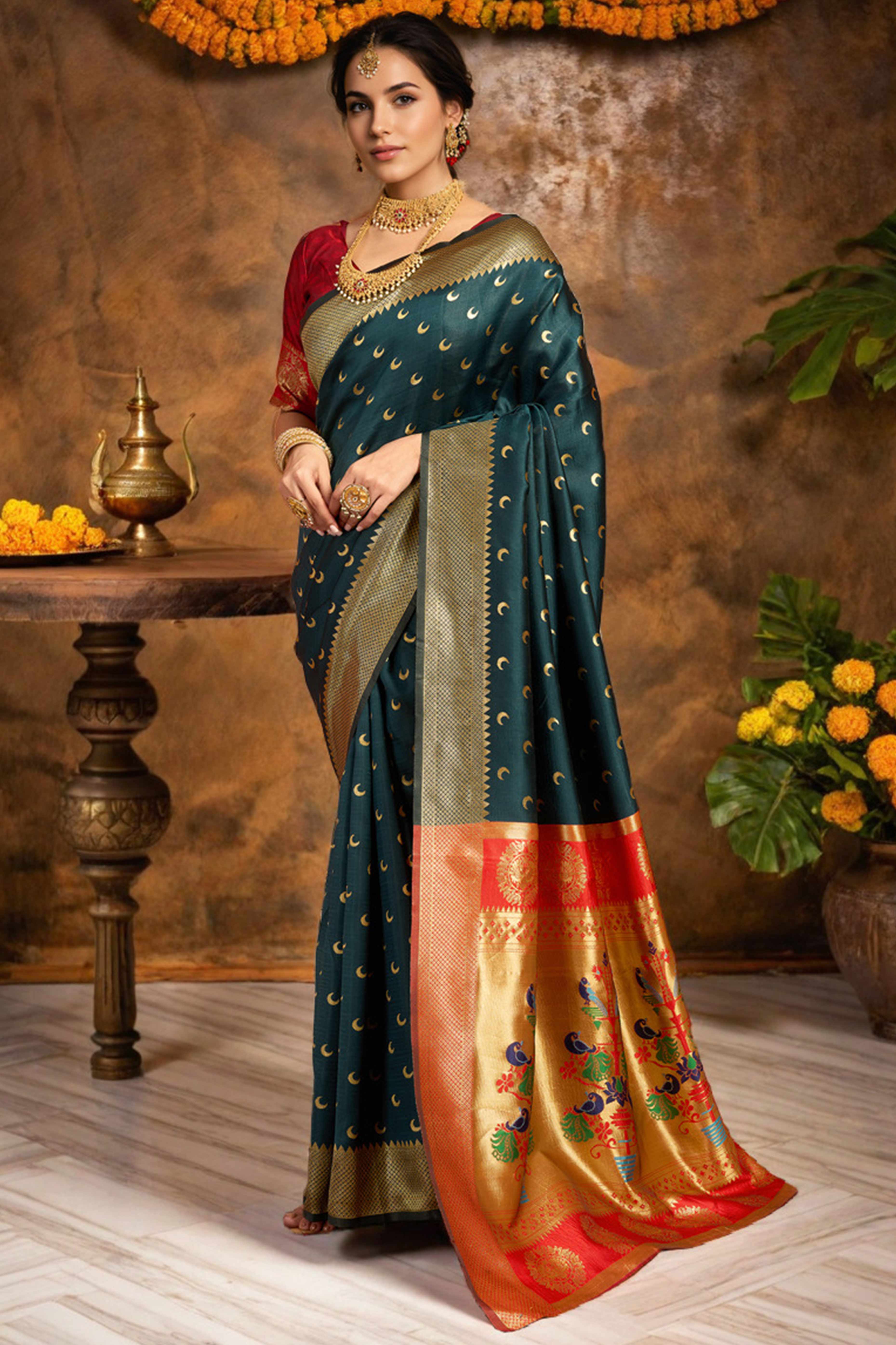 Green Chandrakor Paithani Silk Blend Saree With Intricate Zari Weaving