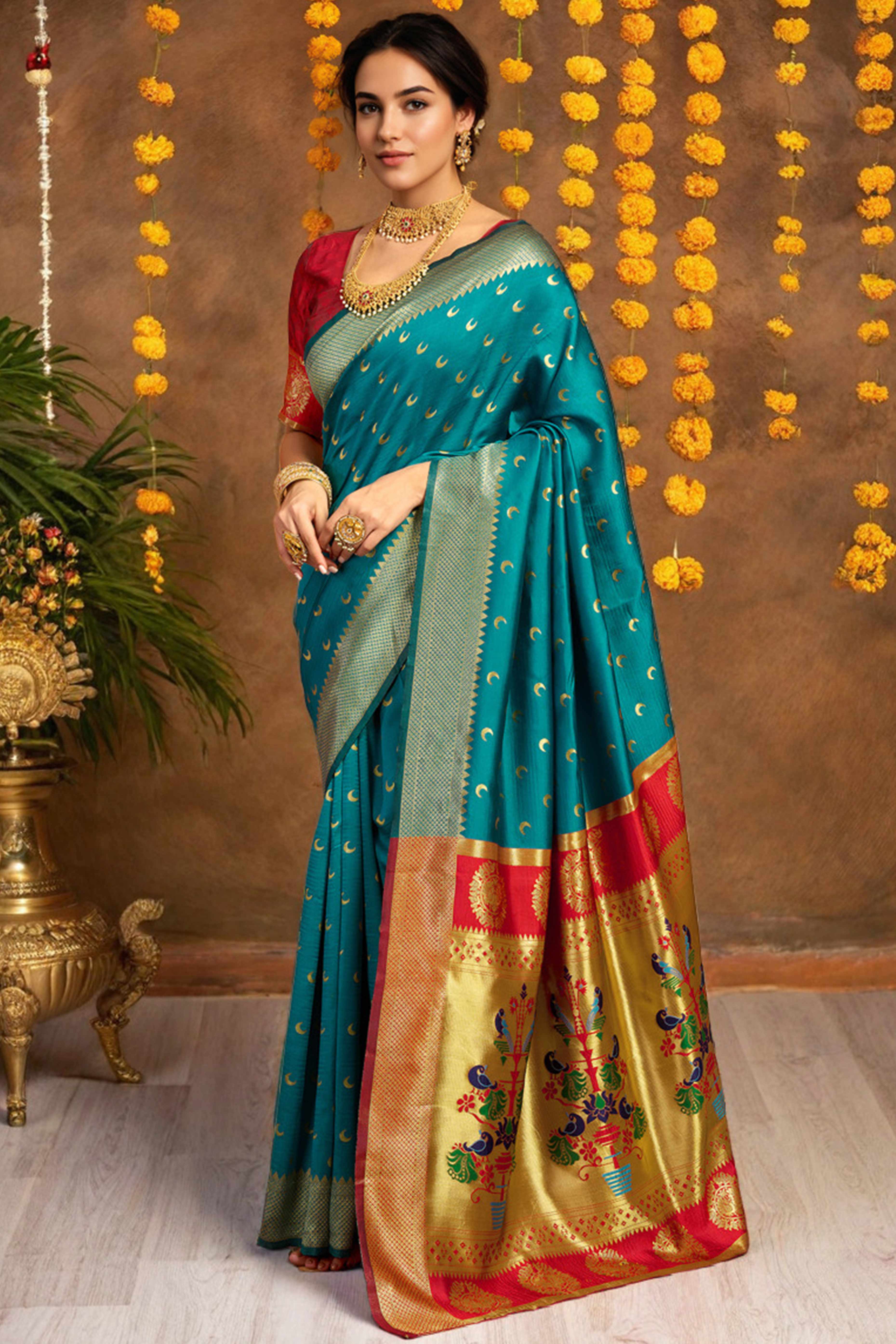 Rama Blue Chandrakor Paithani Silk Blend Saree With Intricate Zari Weaving
