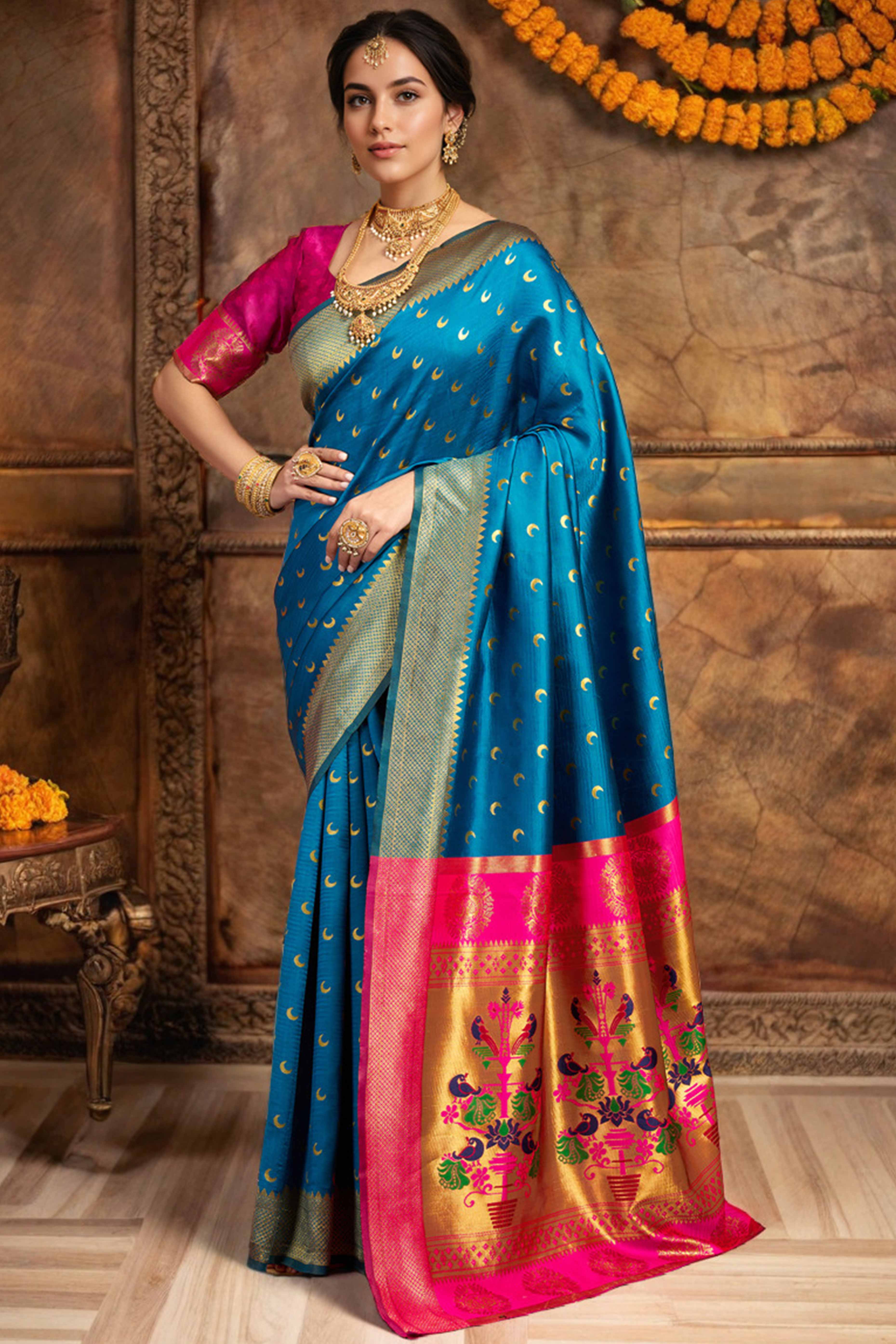 Blue Chandrakor Paithani Silk Blend Saree With Intricate Zari Weaving