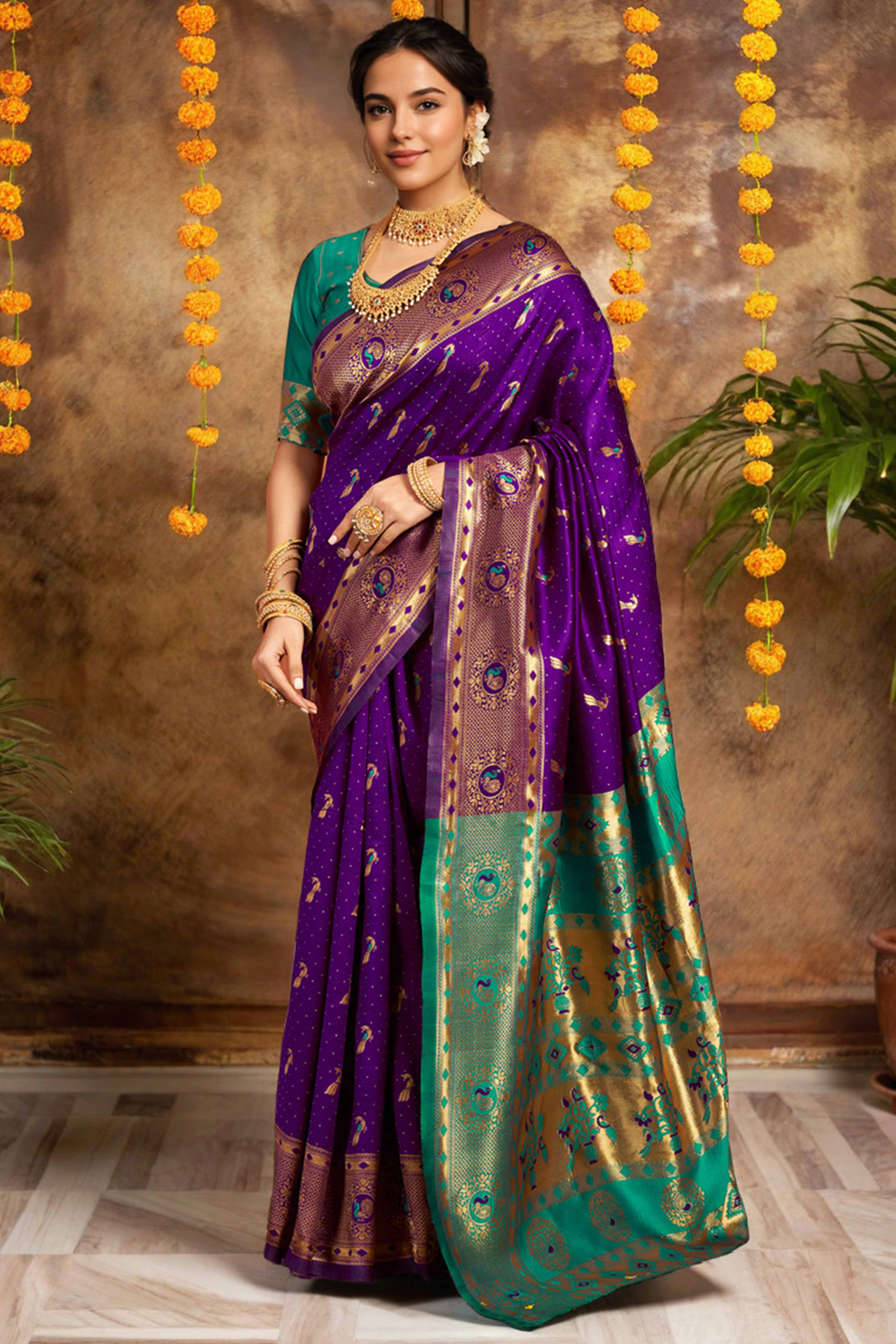 Purple Paithani Silk Blend Saree Featuring Intricate Zari Peacock &  Floral Weaving