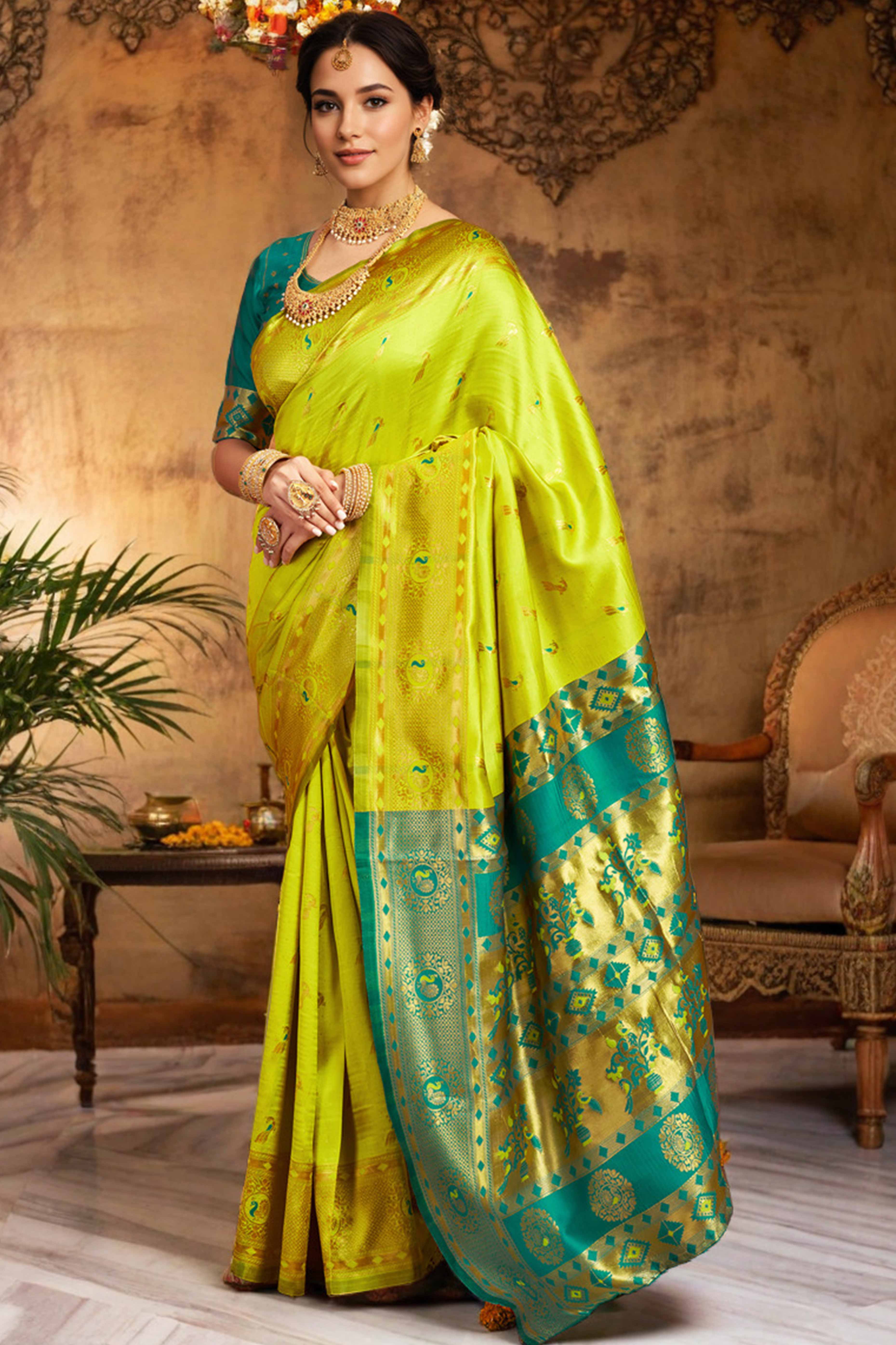 Lime Green Paithani Silk Blend Saree Featuring Intricate Zari Peacock &  Floral Weaving