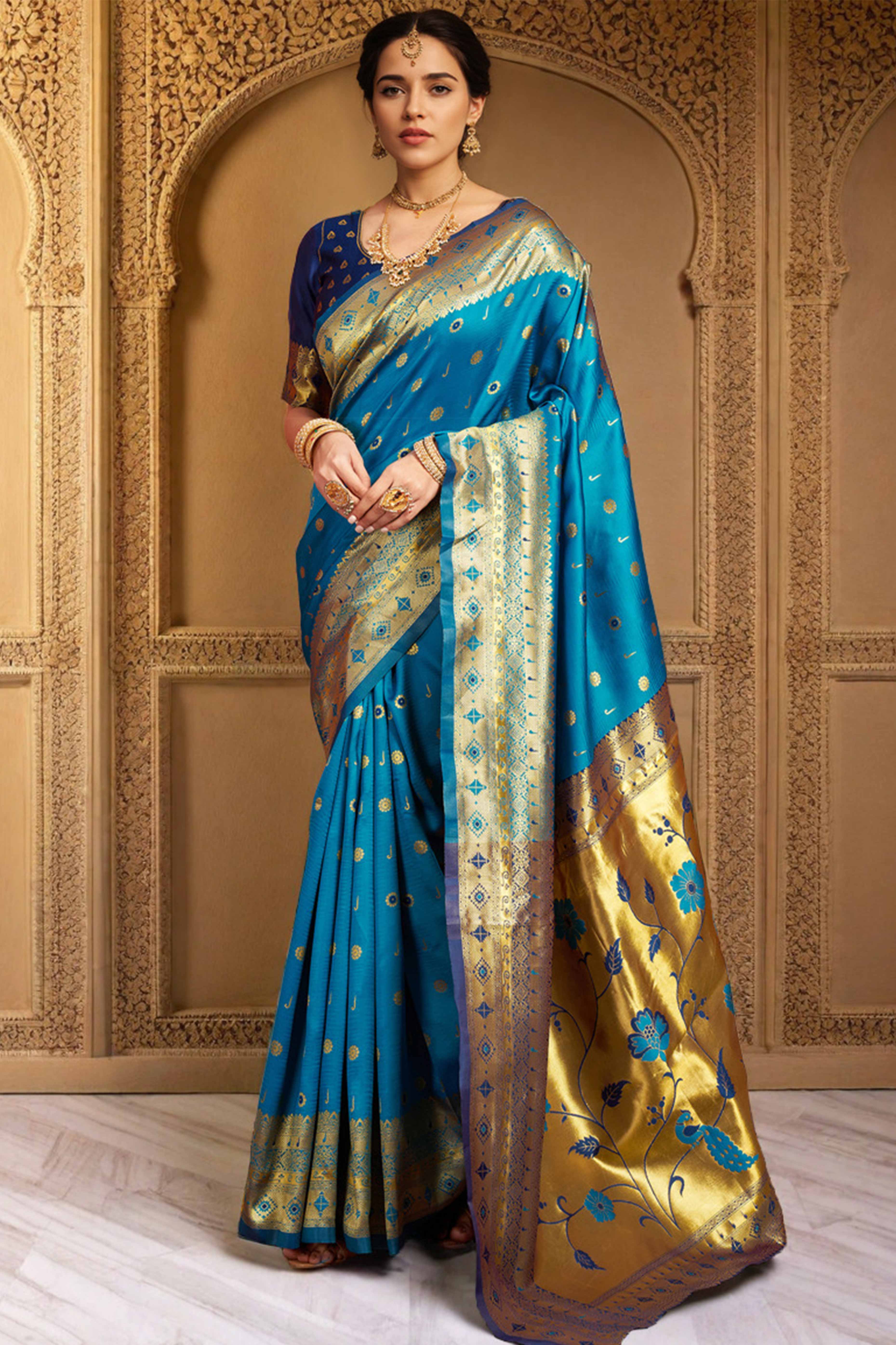 Blue Silk Blend Saree With Traditional Paithani Zari Weaving Of Peacock & Floral Designs