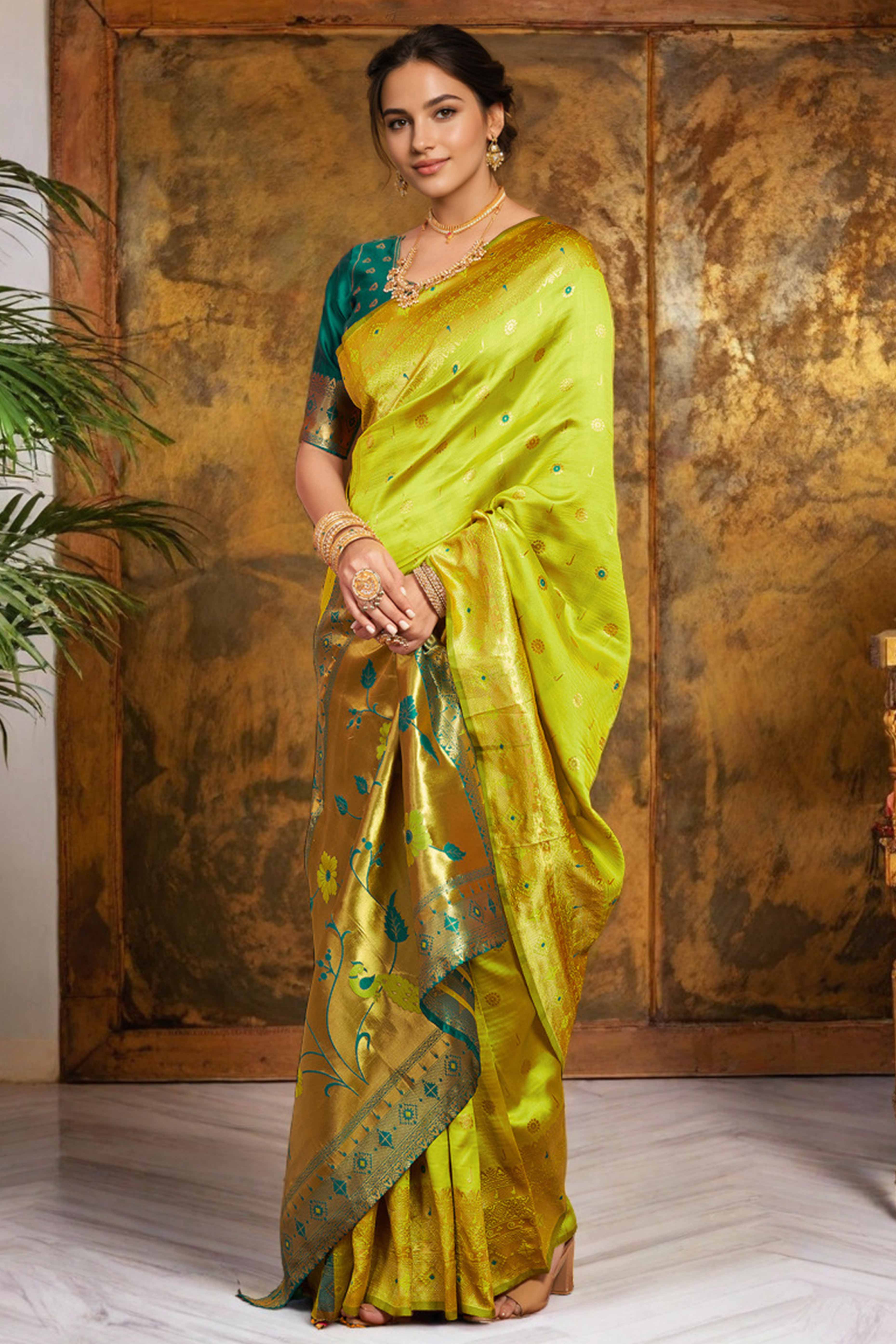 Green Silk Blend Saree With Traditional Paithani Zari Weaving Of Peacock & Floral Designs