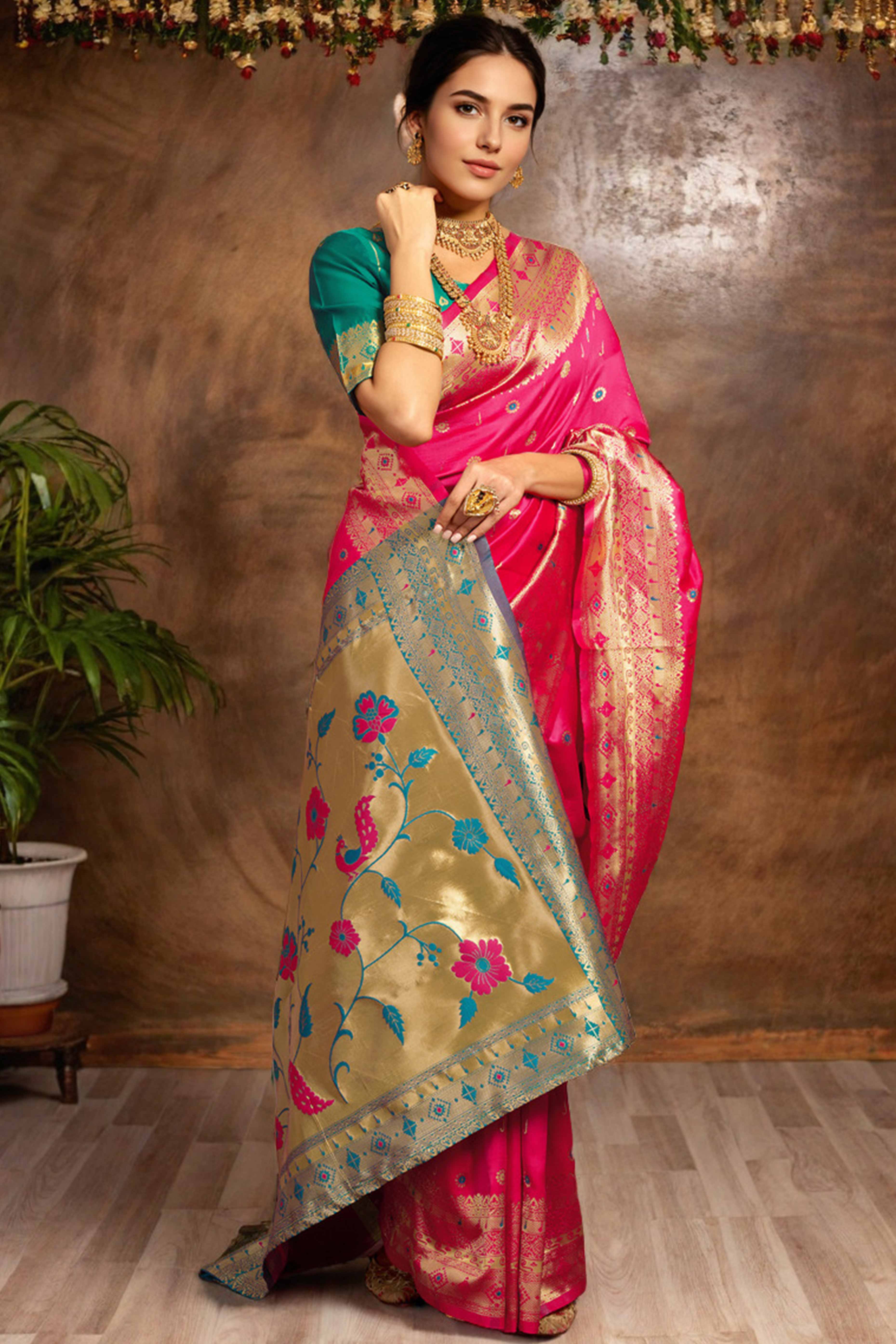 Pink Silk Blend Saree With Traditional Paithani Zari Weaving Of Peacock & Floral Designs