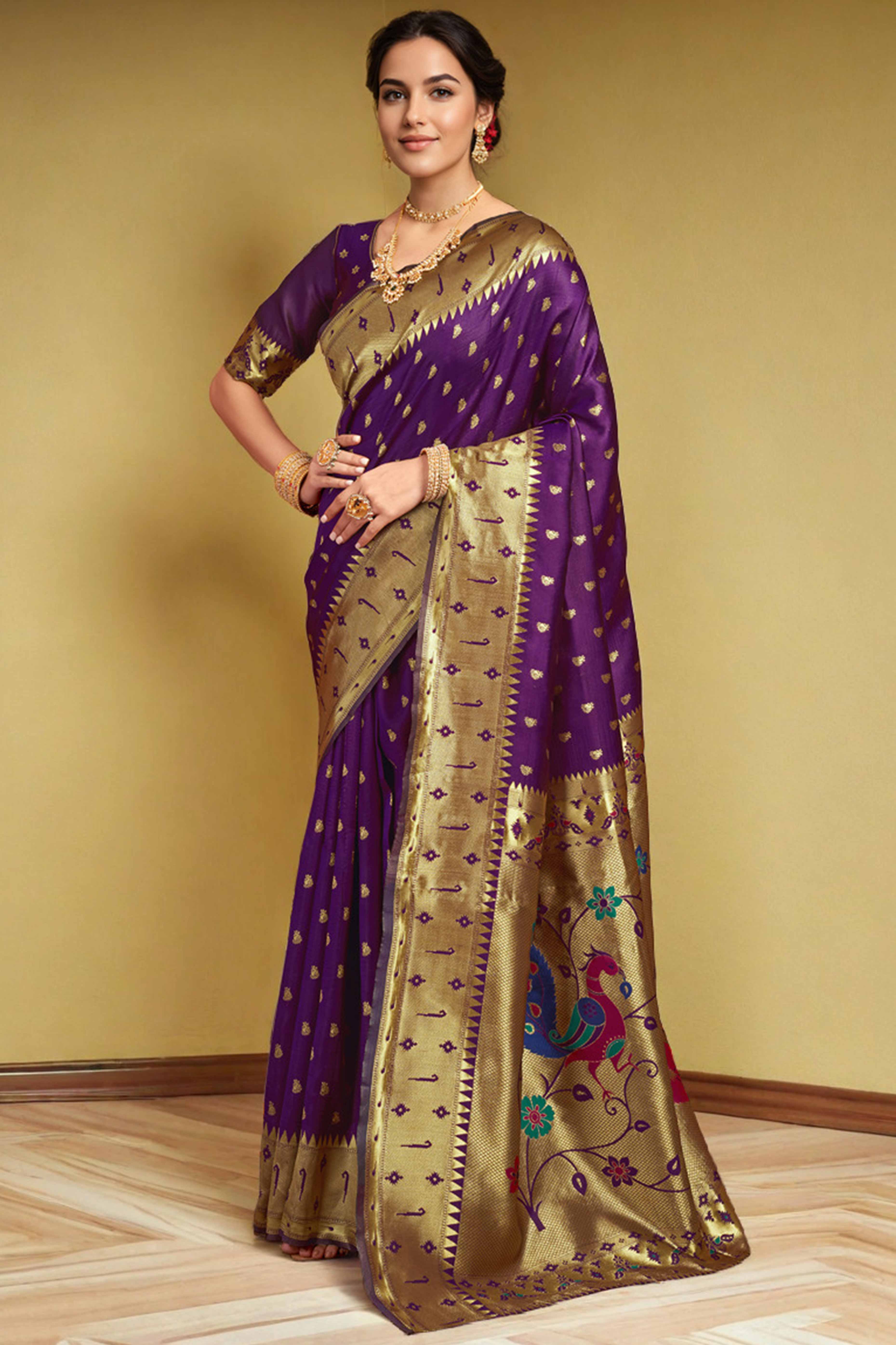 Purple Paithani Saree In Silk Blend Highlighted With Zari Woven Peacock & Floral Motifs