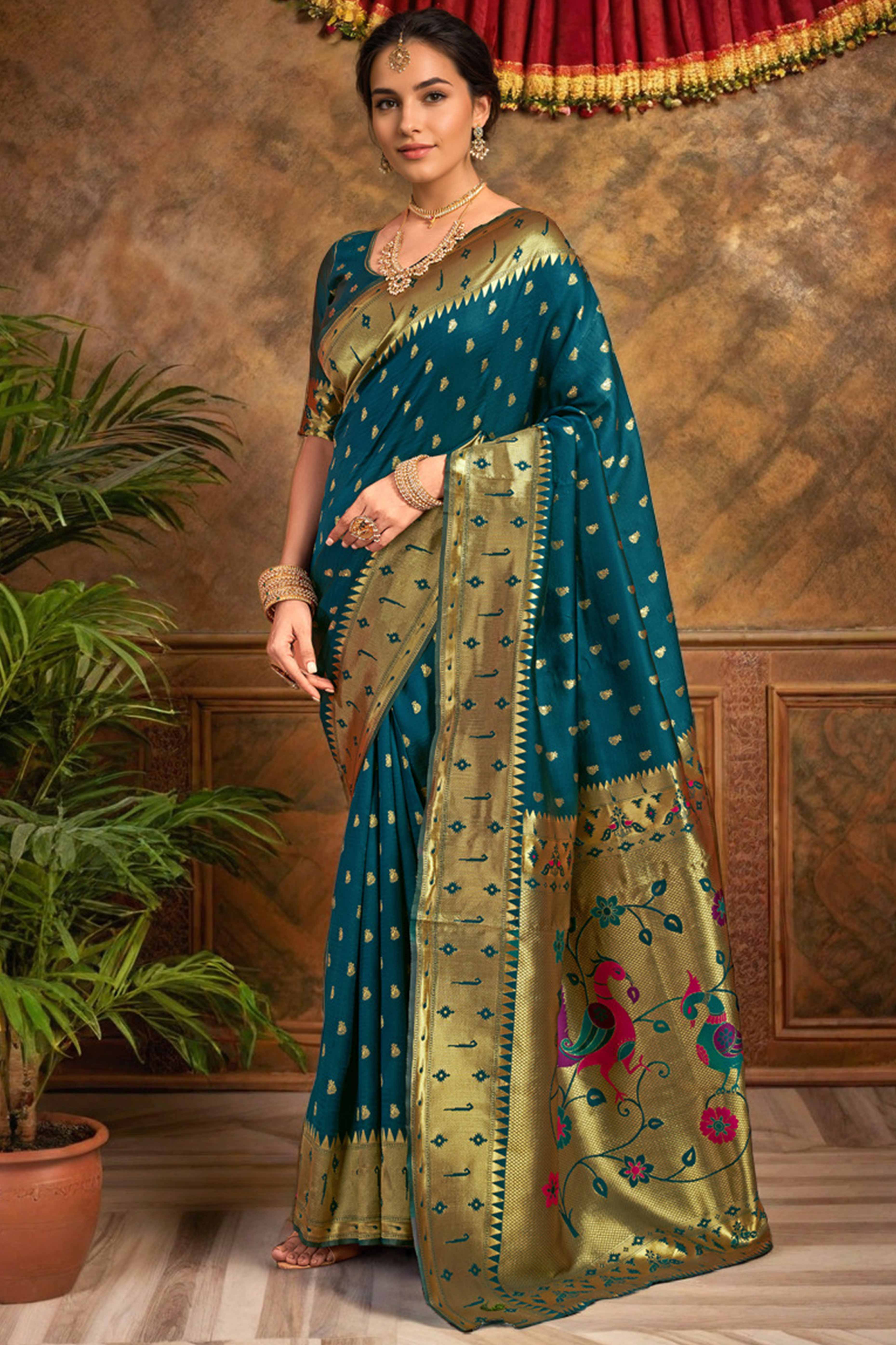 Deep Teal Blue Paithani Saree In Silk Blend Highlighted With Zari Woven Peacock & Floral Motifs