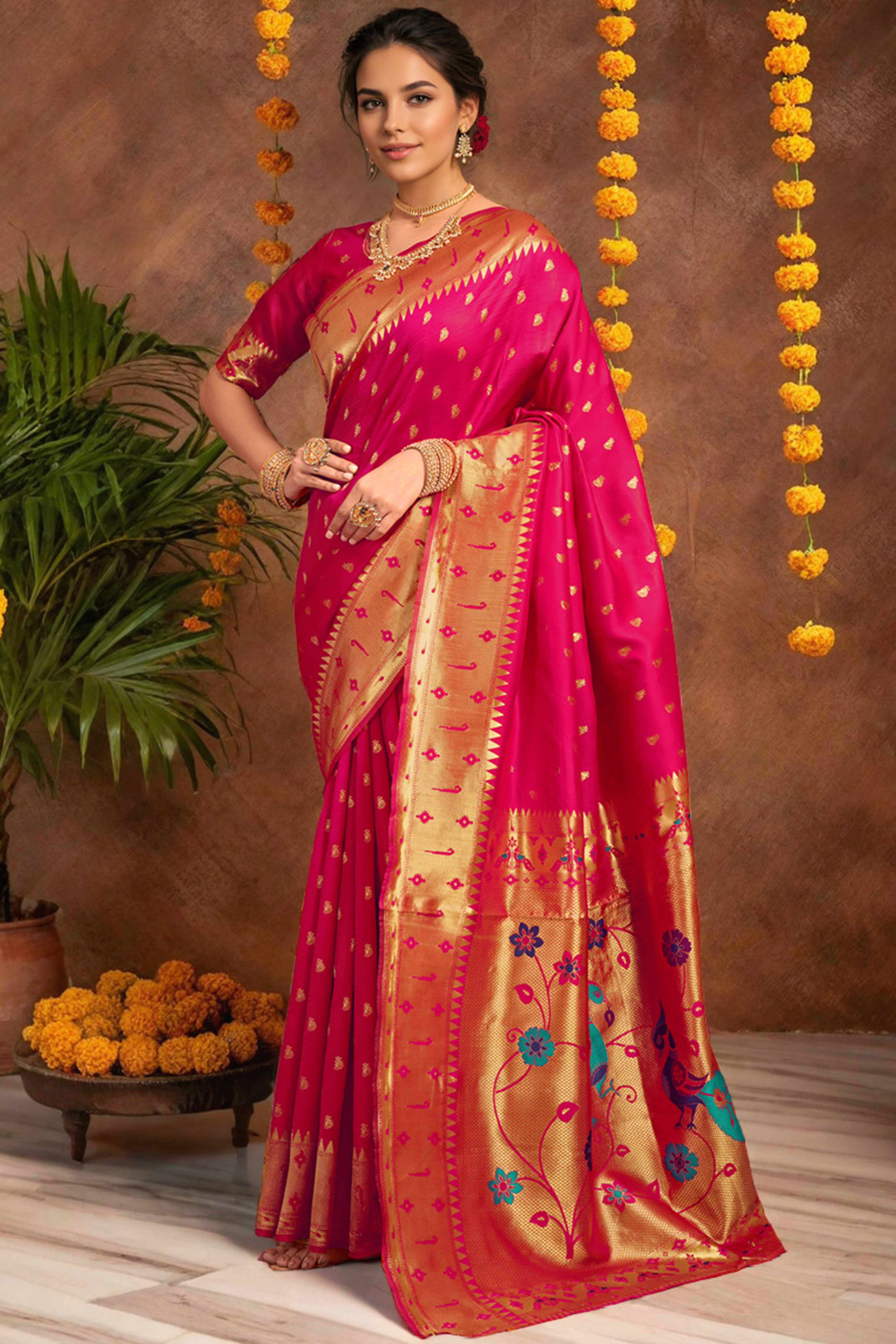 Pink Paithani Saree In Silk Blend Highlighted With Zari Woven Peacock & Floral Motifs