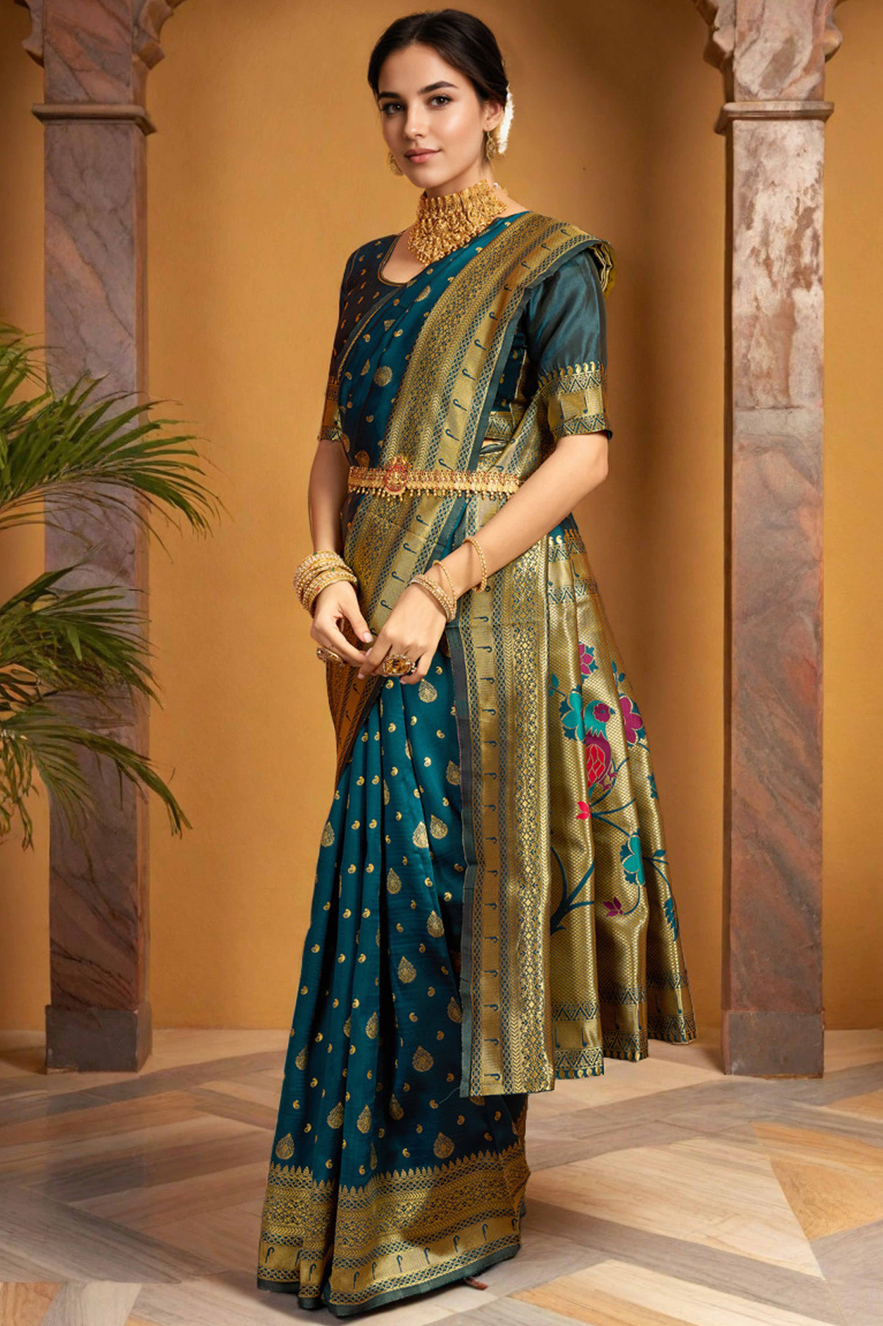 Morpich Blue Silk Blend Paithani Saree Showcasing Rich Zari Weaving With Birds & Floral Accents