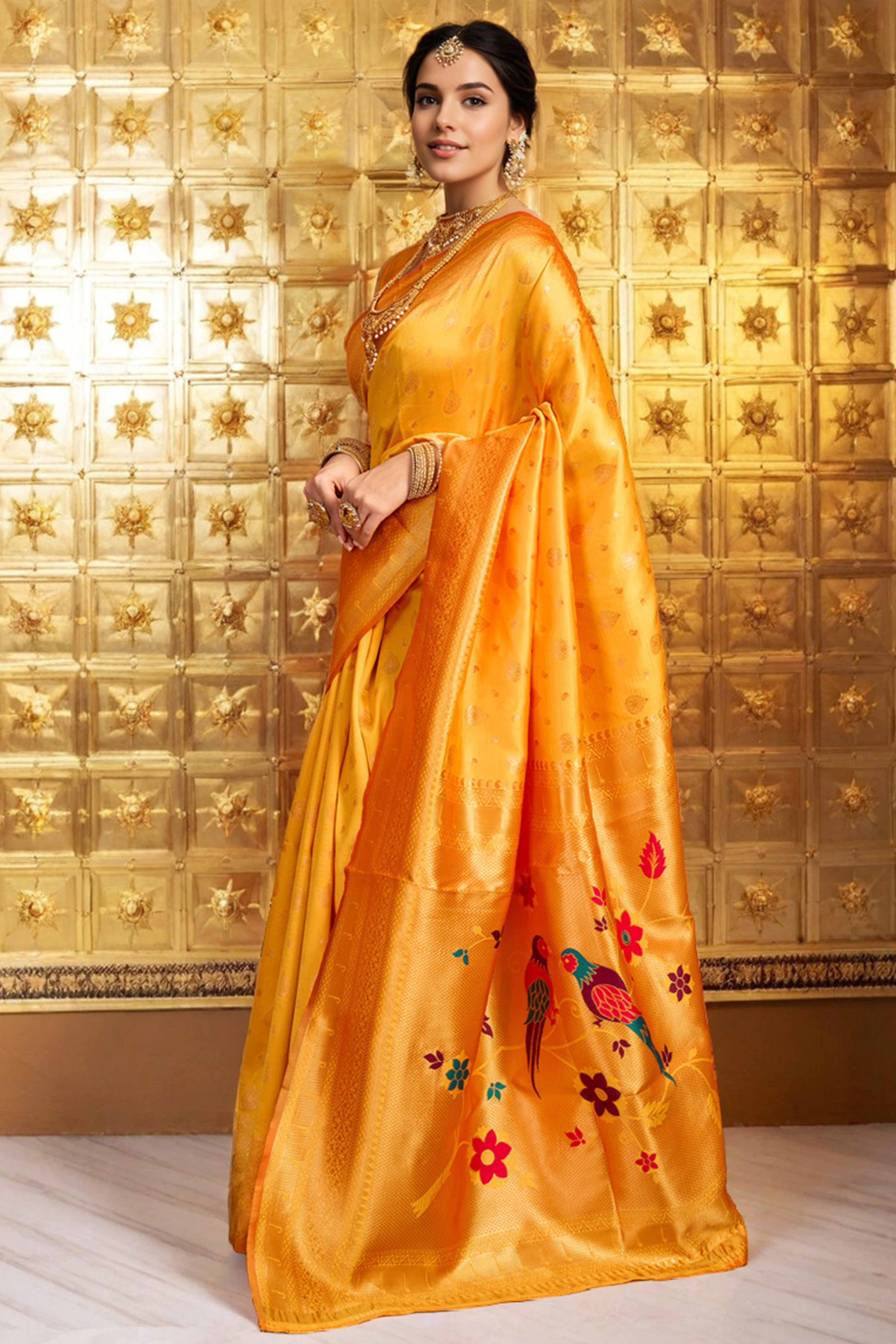 Orange Silk Blend Paithani Saree Showcasing Rich Zari Weaving With Birds & Floral Accents