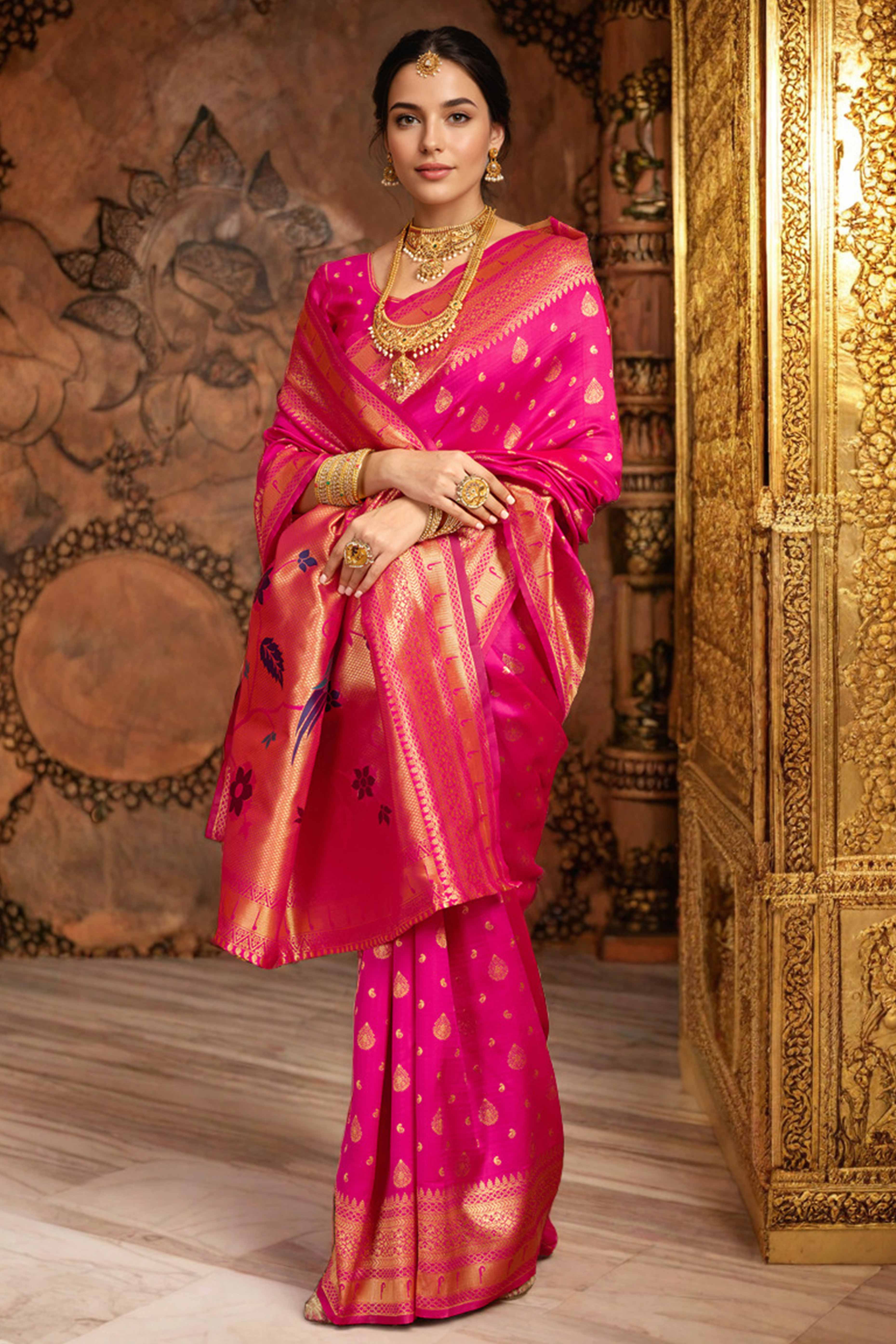 Pink Silk Blend Paithani Saree Showcasing Rich Zari Weaving With Birds & Floral Accents