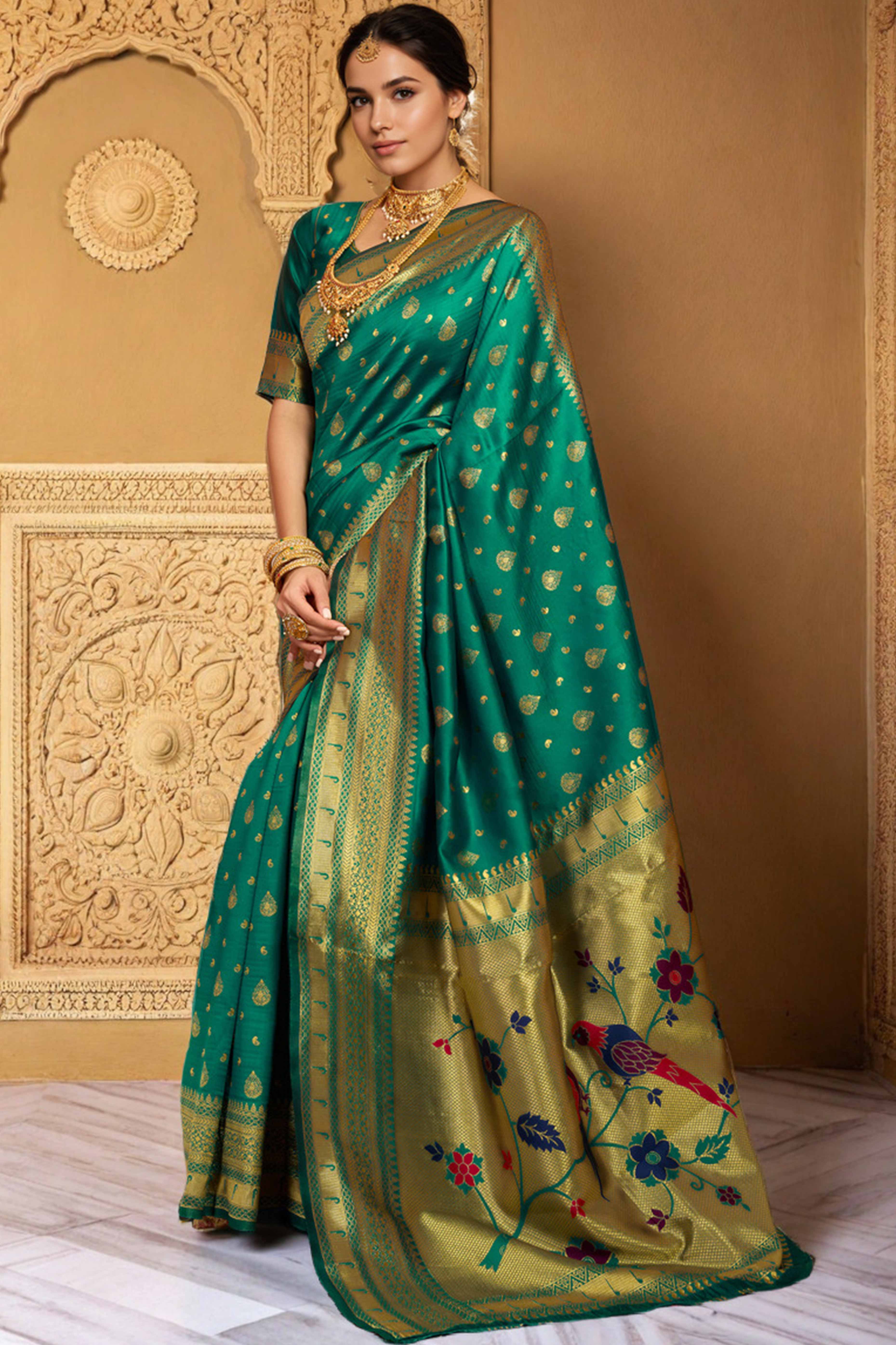 Rama Green Silk Blend Paithani Saree Showcasing Rich Zari Weaving With Birds & Floral Accents