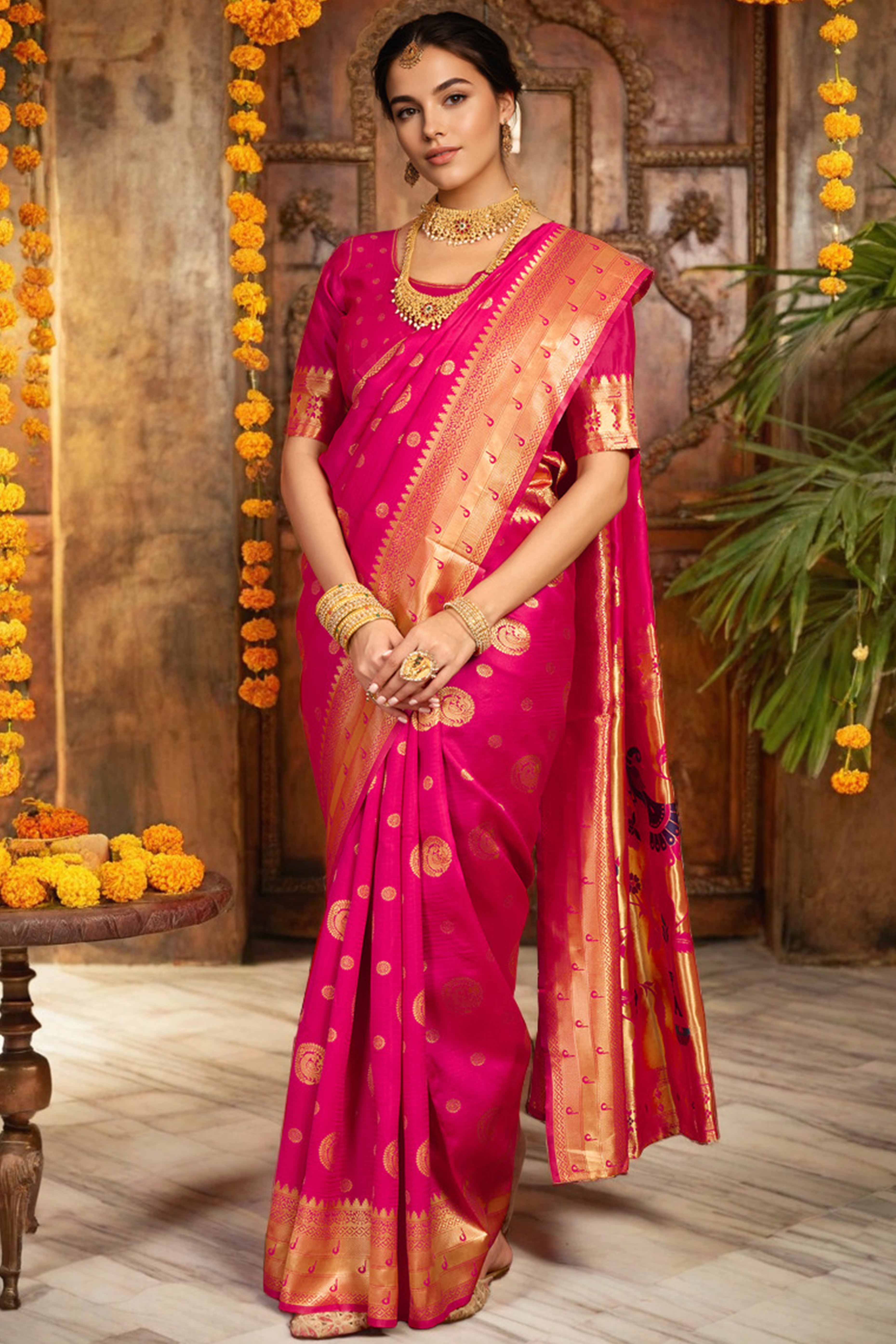 Pink Paithani Silk Blend Saree Embellished With Zari Peacock & Floral Woven Patterns