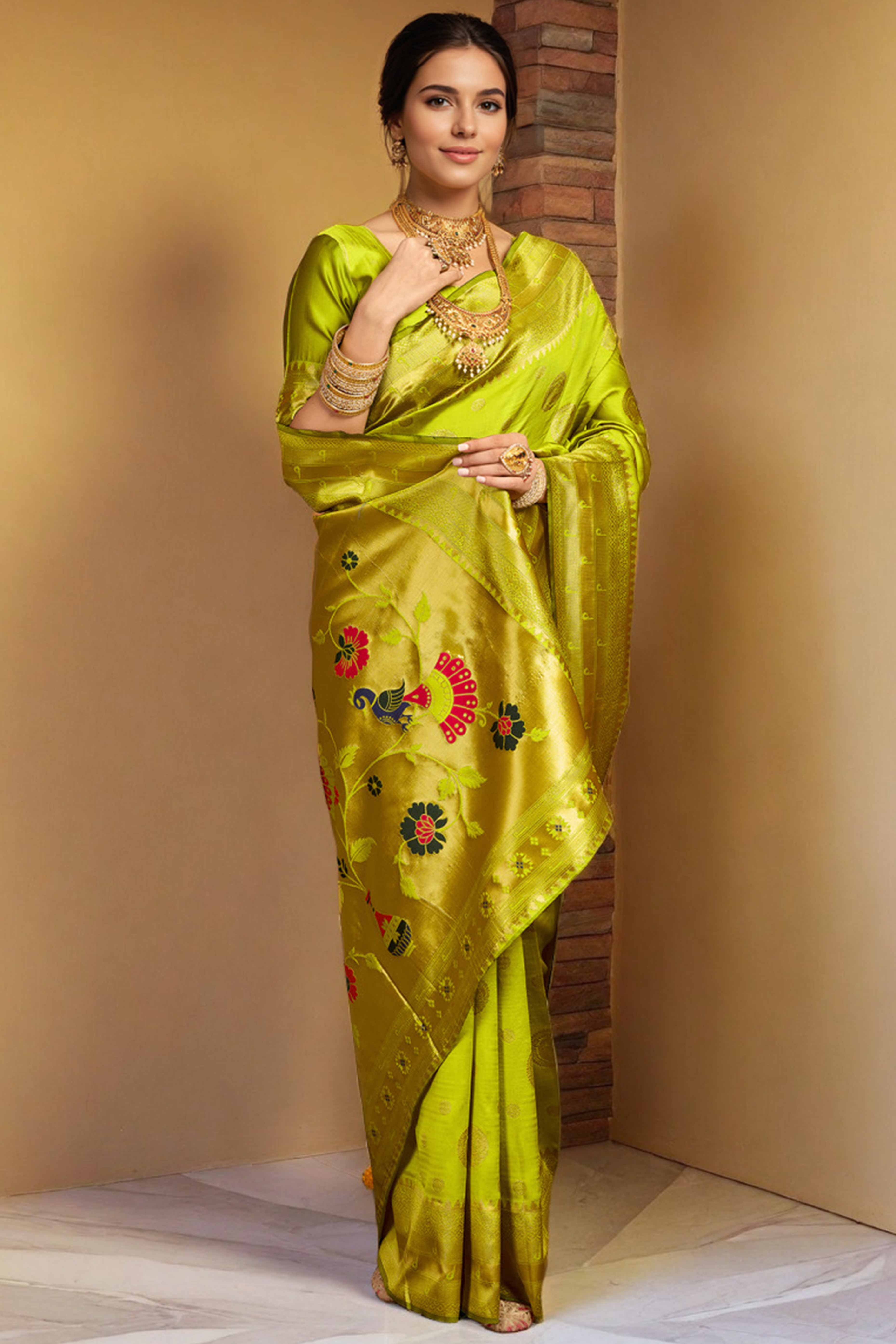 Lime Green Paithani Silk Blend Saree Embellished With Zari Peacock & Floral Woven Patterns