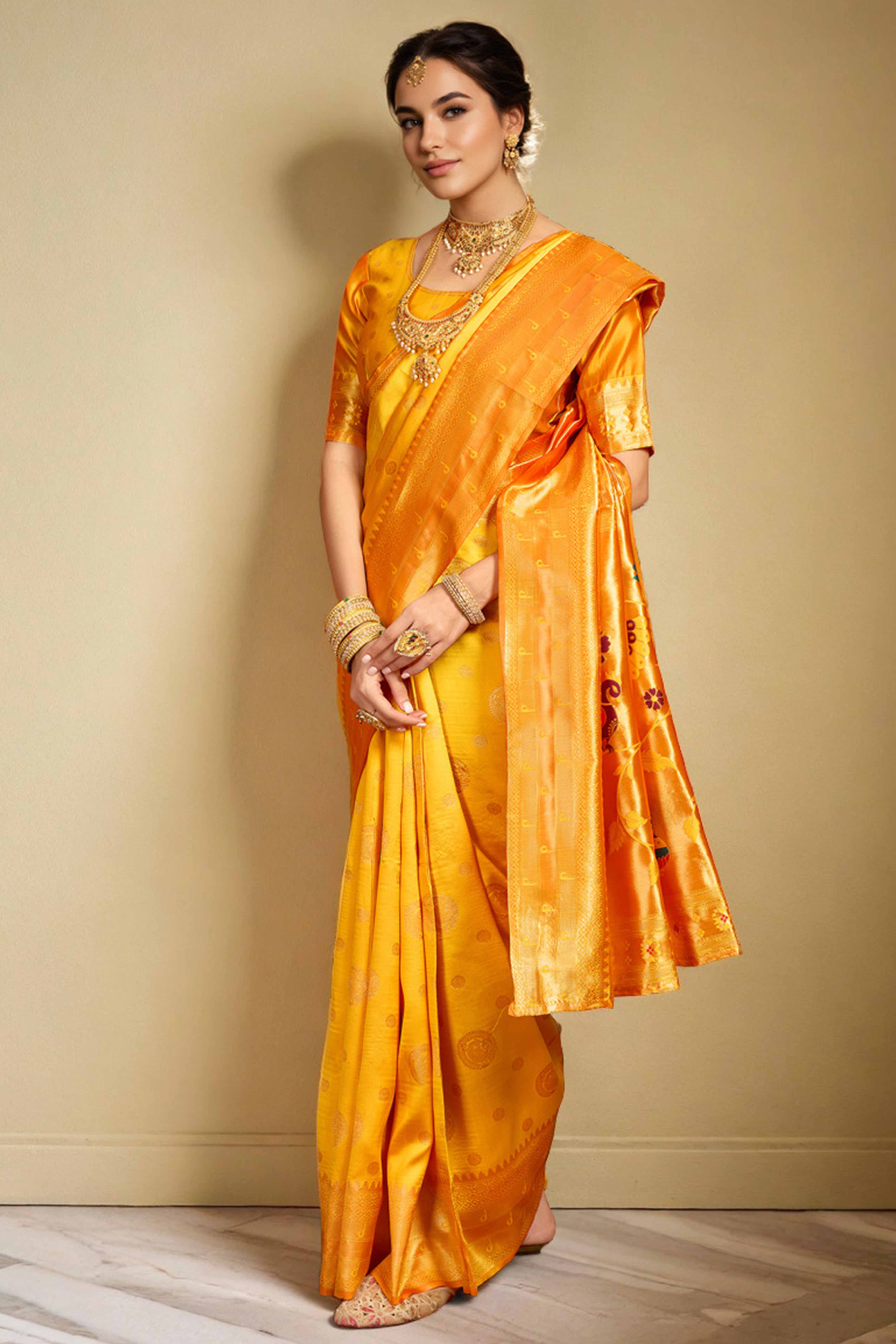 Orange Paithani Silk Blend Saree Embellished With Zari Peacock & Floral Woven Patterns