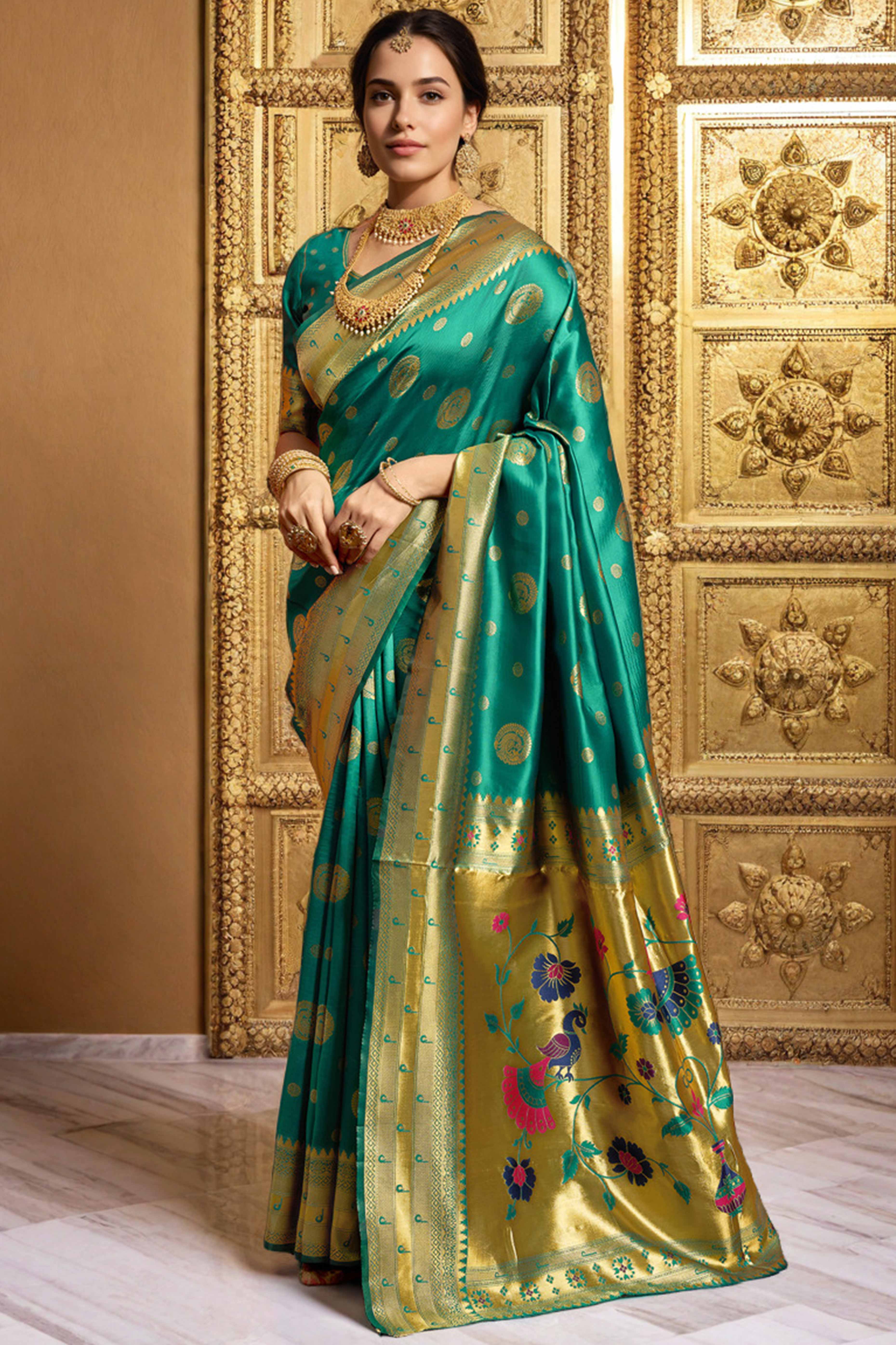 Rama Green Paithani Silk Blend Saree Embellished With Zari Peacock & Floral Woven Patterns