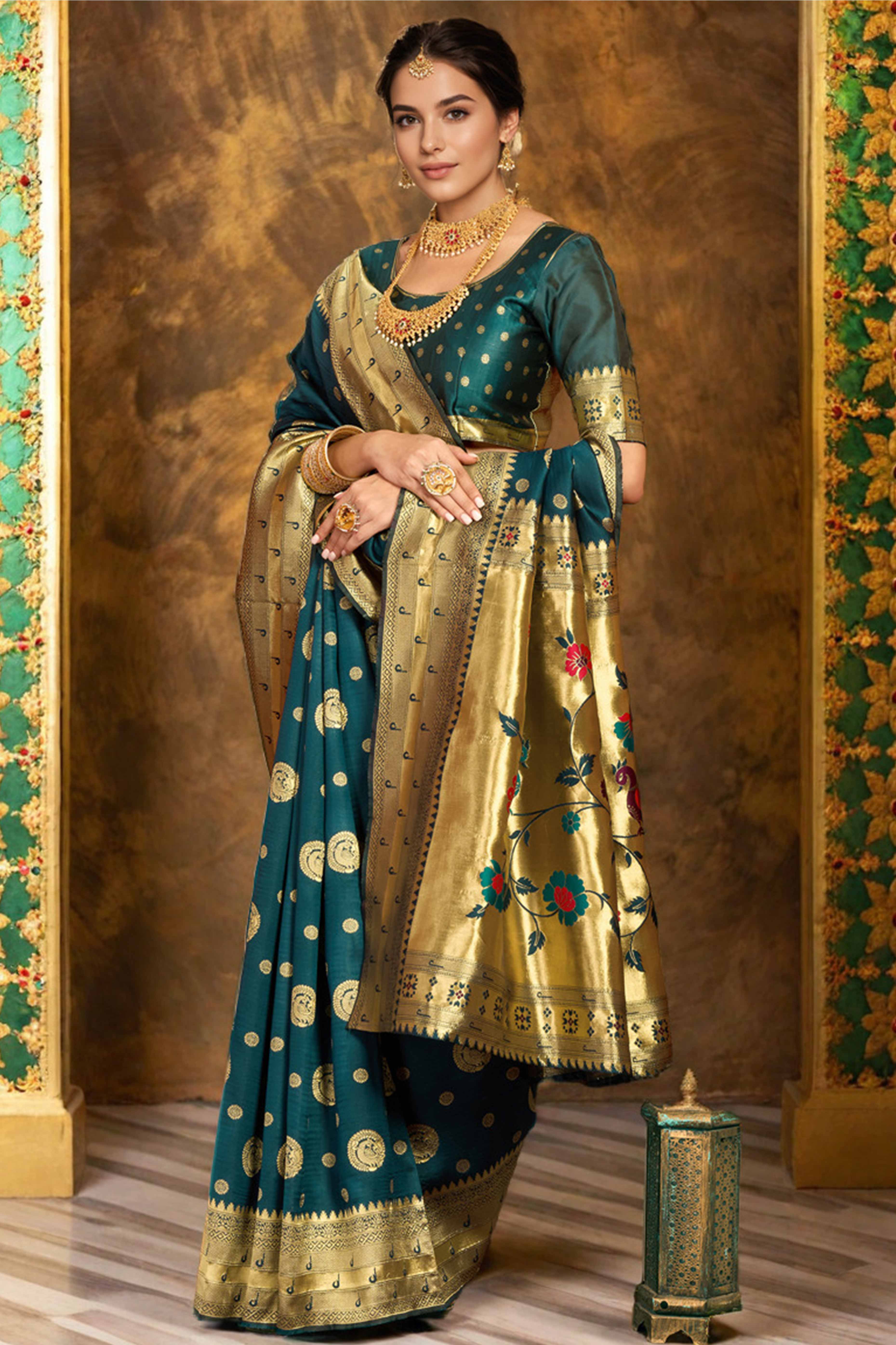Teal Paithani Silk Blend Saree Embellished With Zari Peacock & Floral Woven Patterns