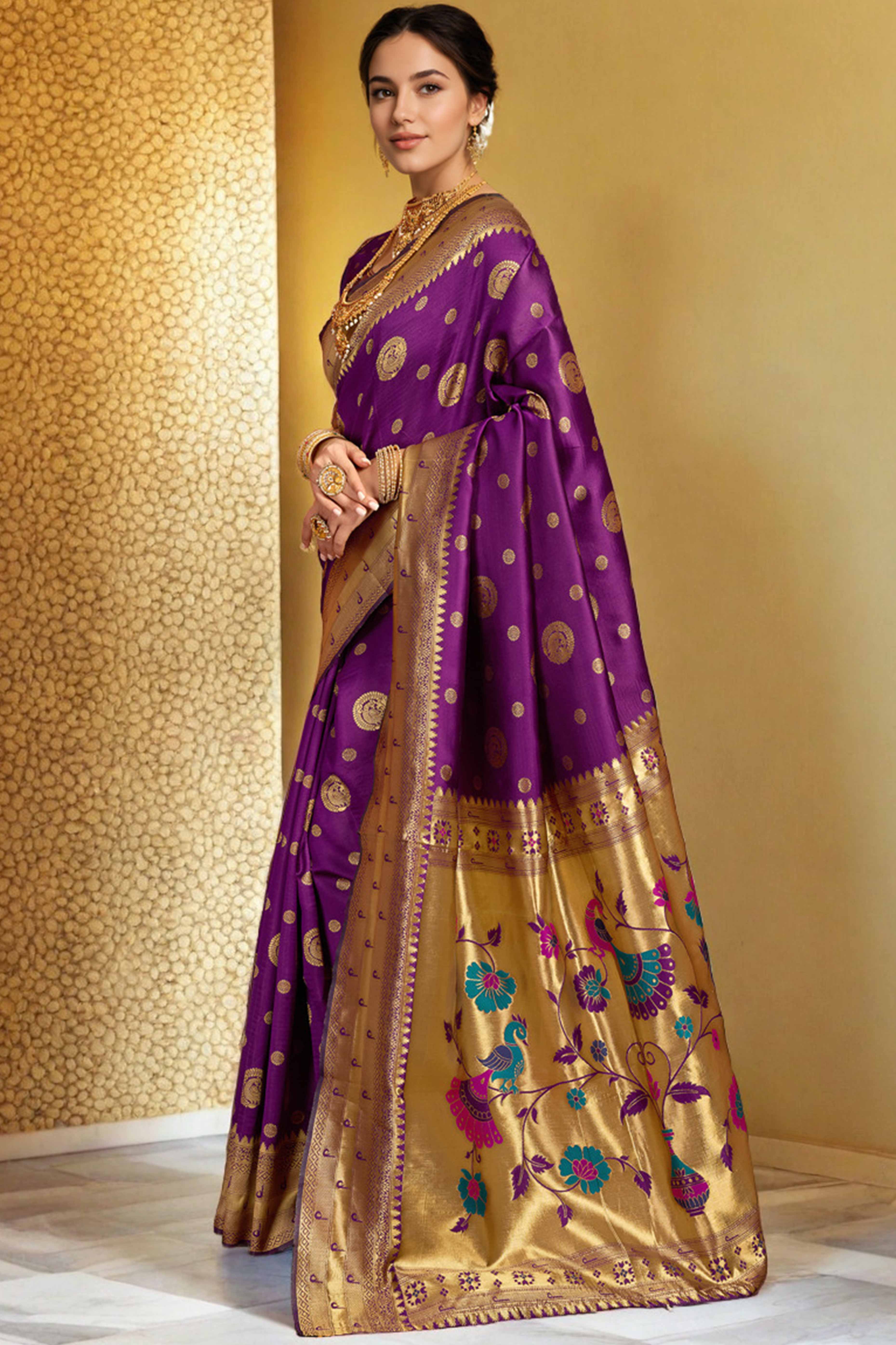 Purple Paithani Silk Blend Saree Embellished With Zari Peacock & Floral Woven Patterns