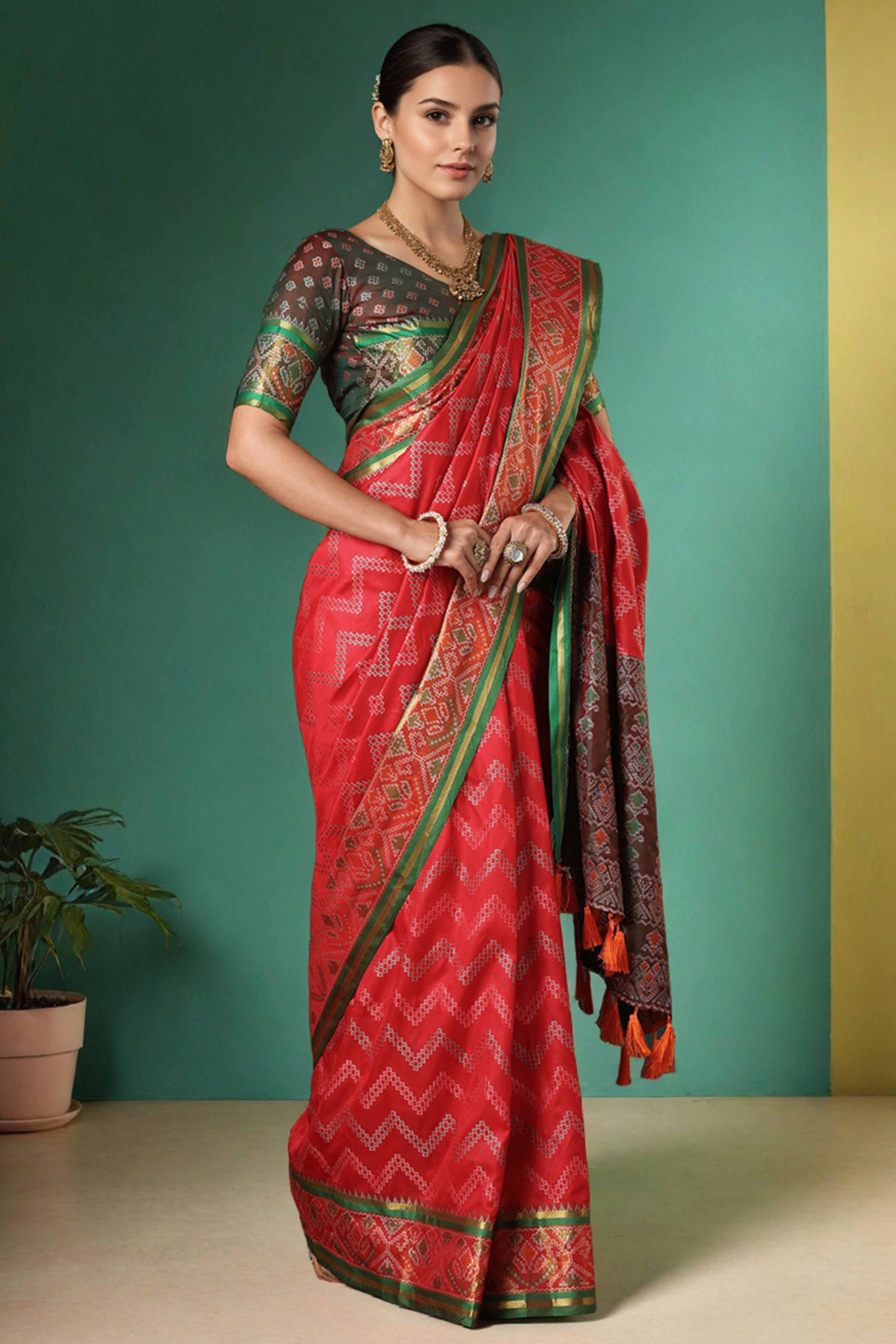 Red Silk Blend Saree With Traditional Zig Zag Patola Weaving & Tassel Pallu