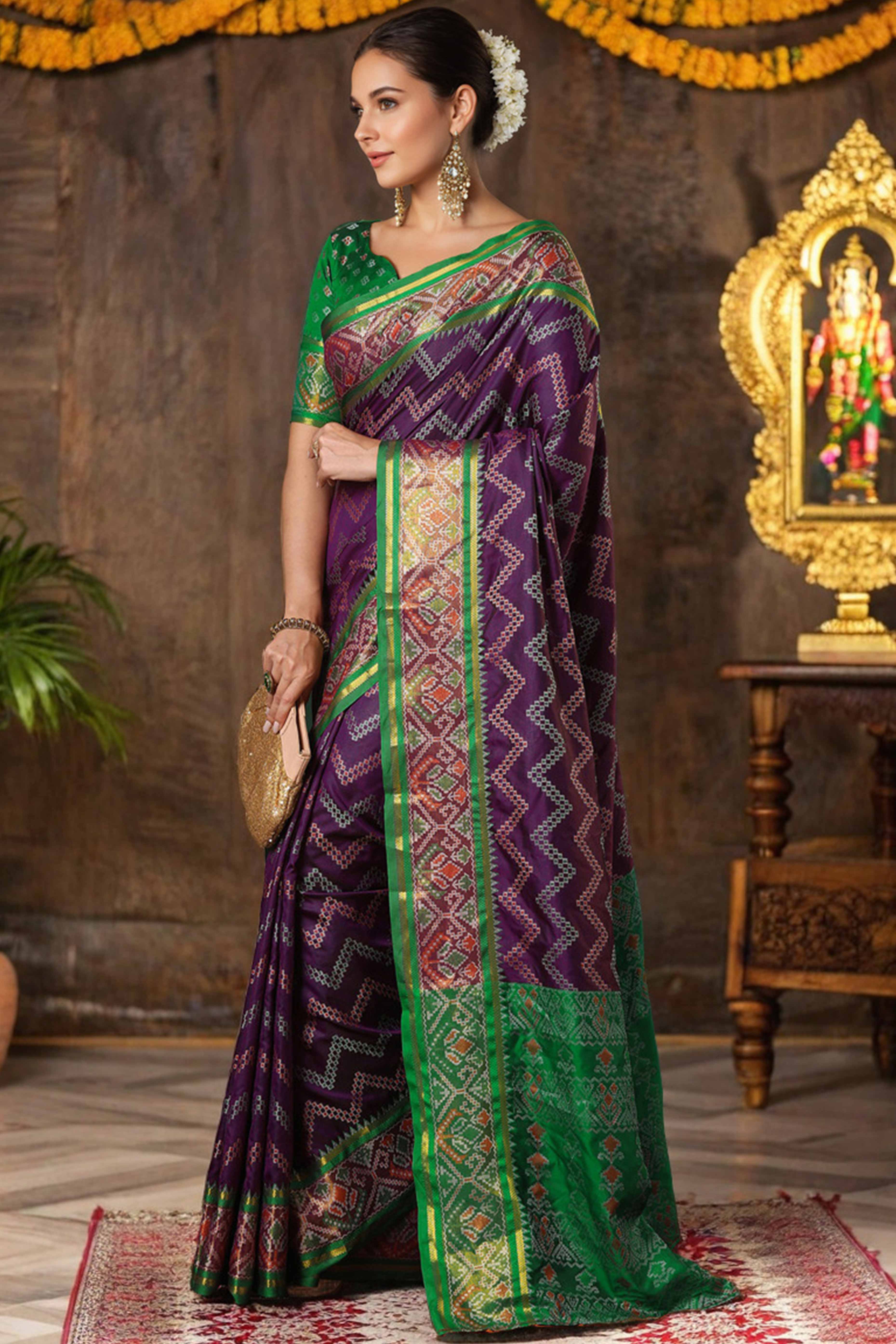 Purple Silk Blend Saree With Traditional Zig Zag Patola Weaving & Tassel Pallu