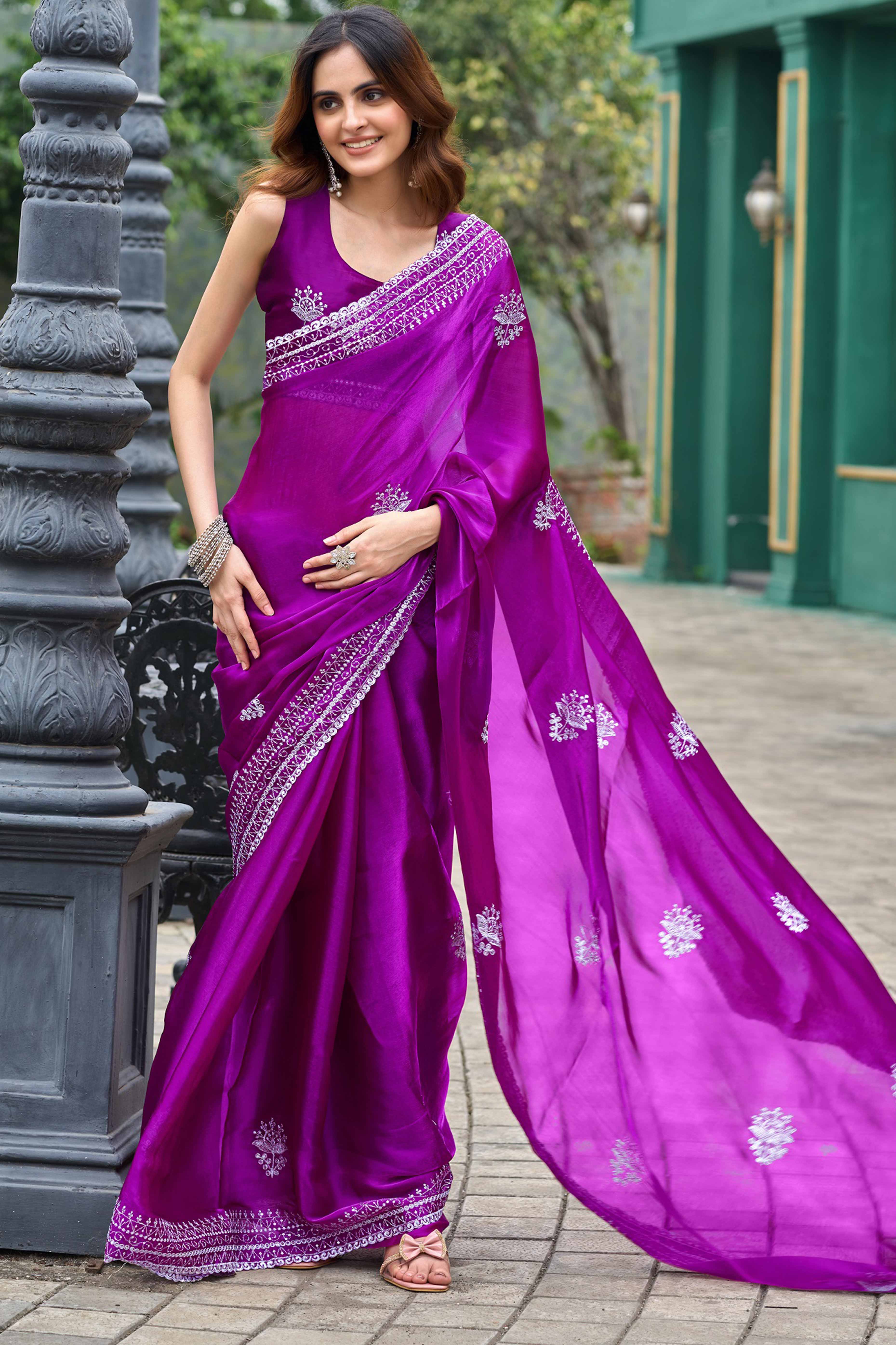Purple Partywear Saree in Shimmer Chiffon with Sequins Embroidery