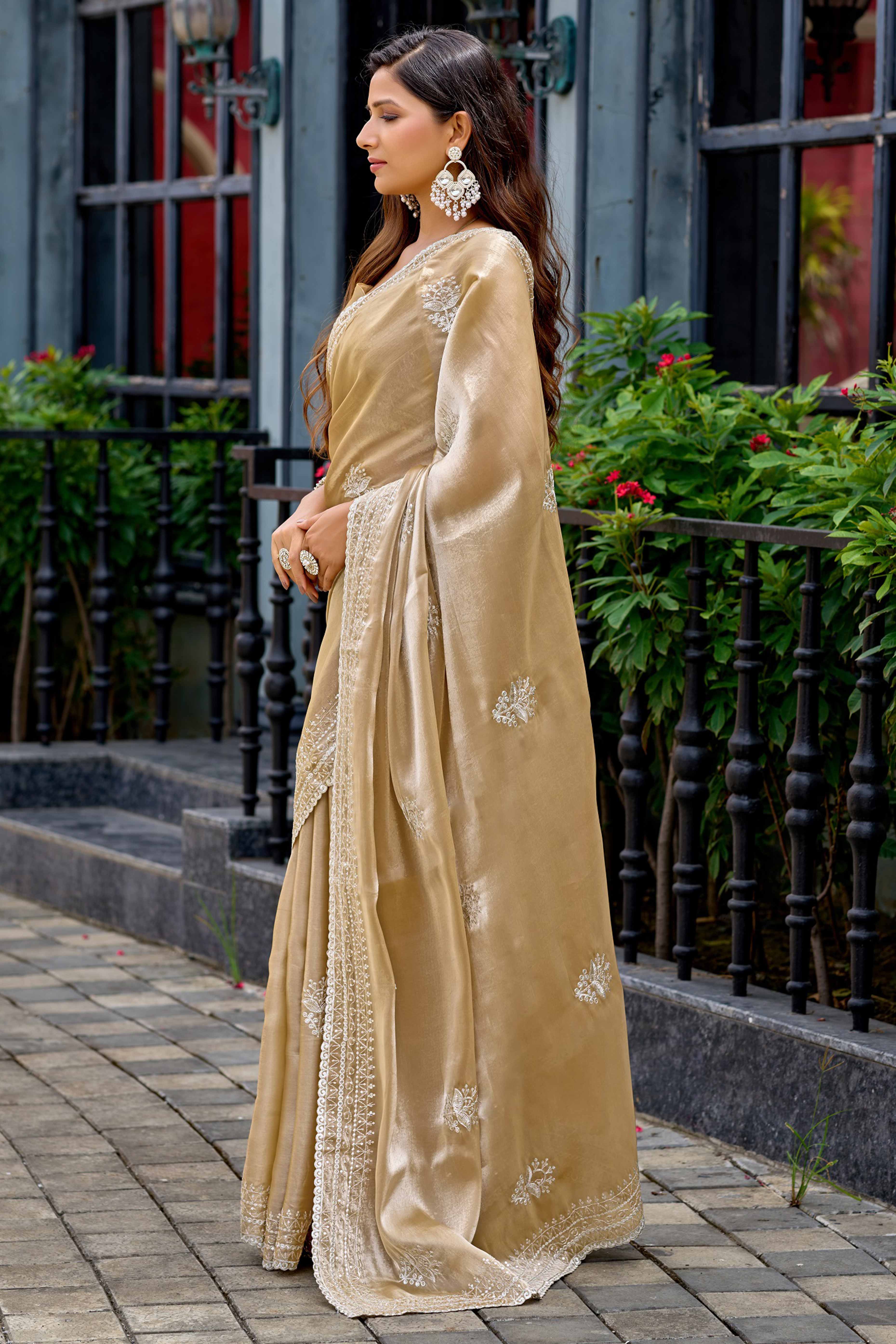 Beige Partywear Saree in Shimmer Chiffon with Sequins Embroidery