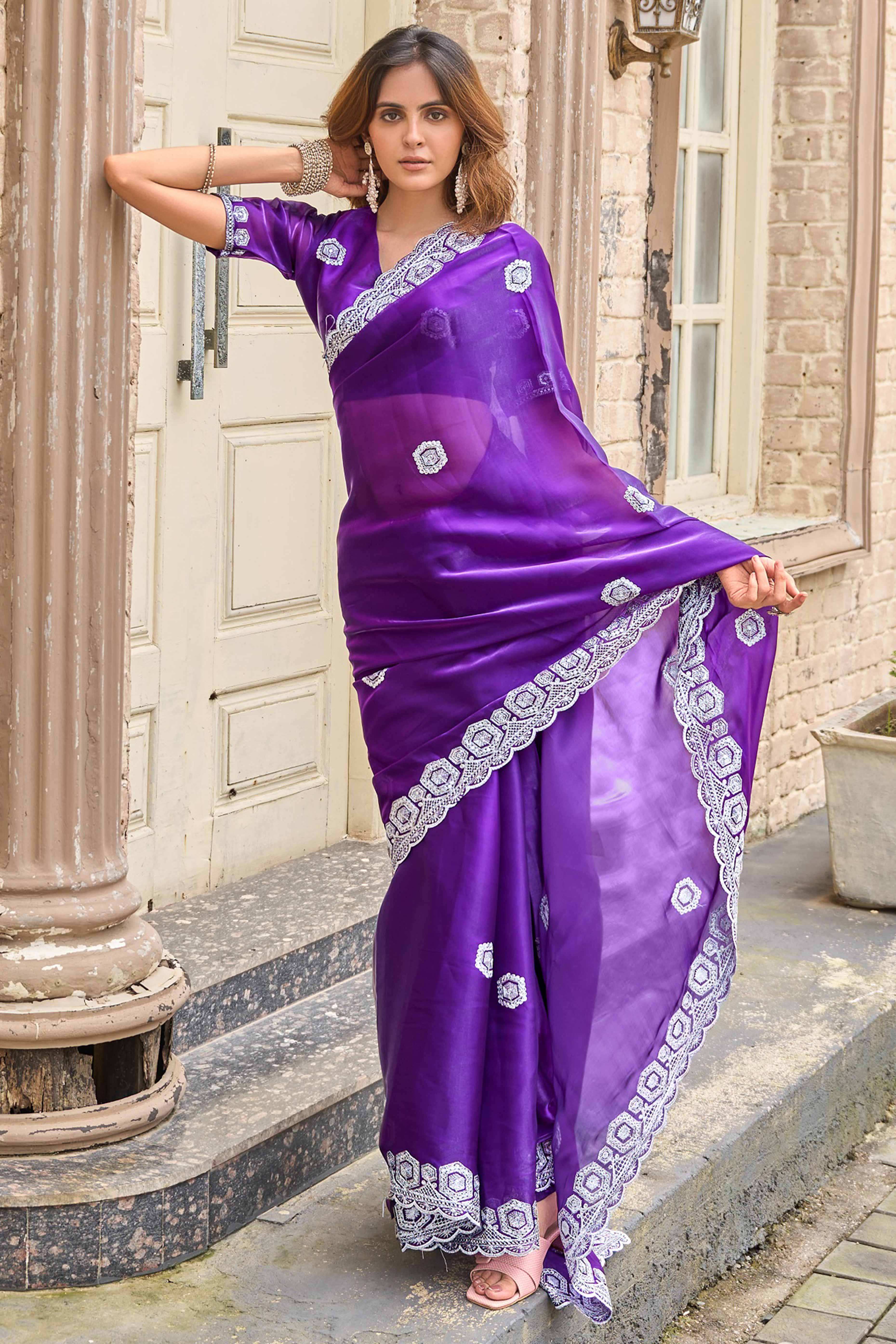Shimmering Violet Chiffon Saree with Delicate Sequins Work
