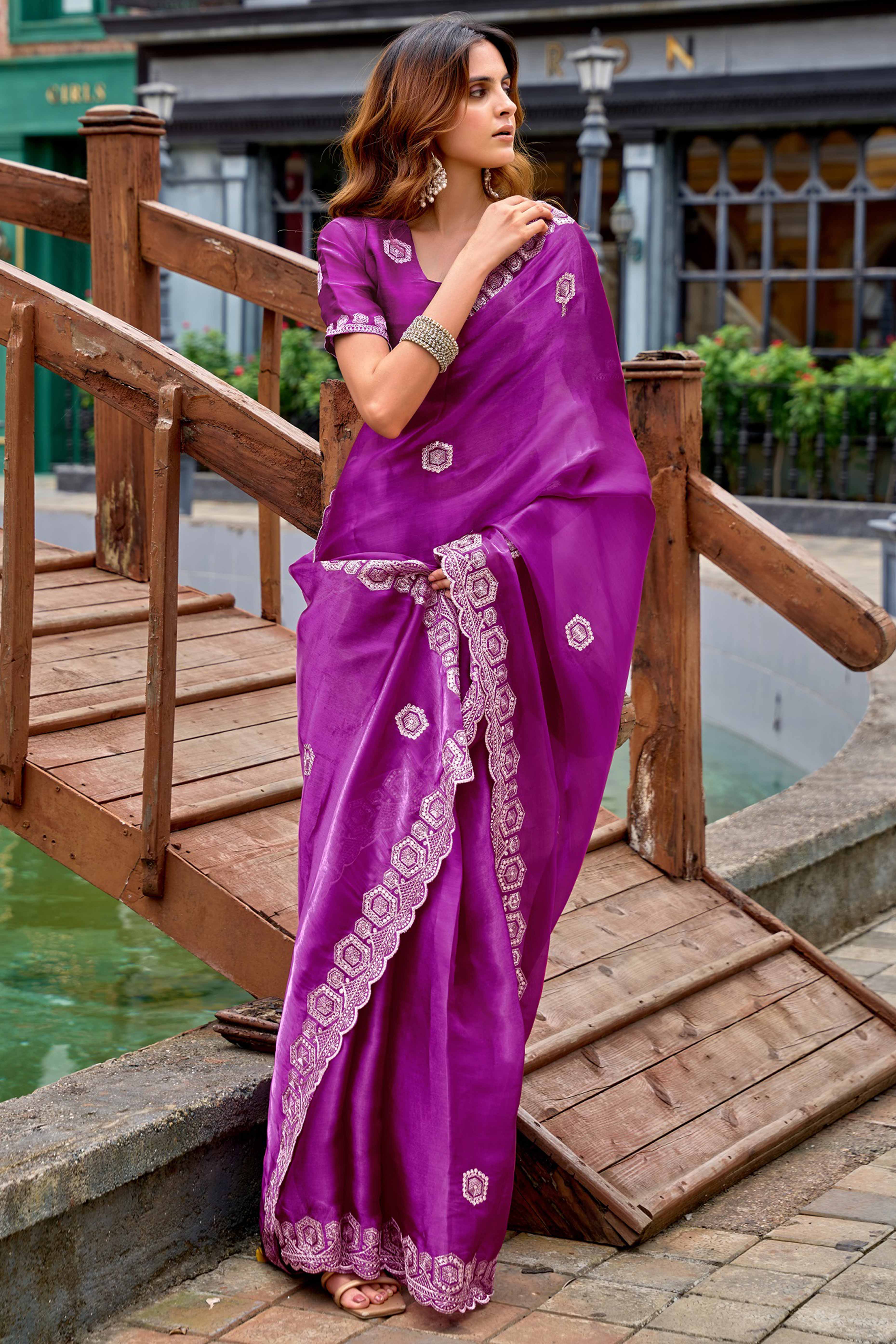 Shimmering Purple Chiffon Saree with Delicate Sequins Work