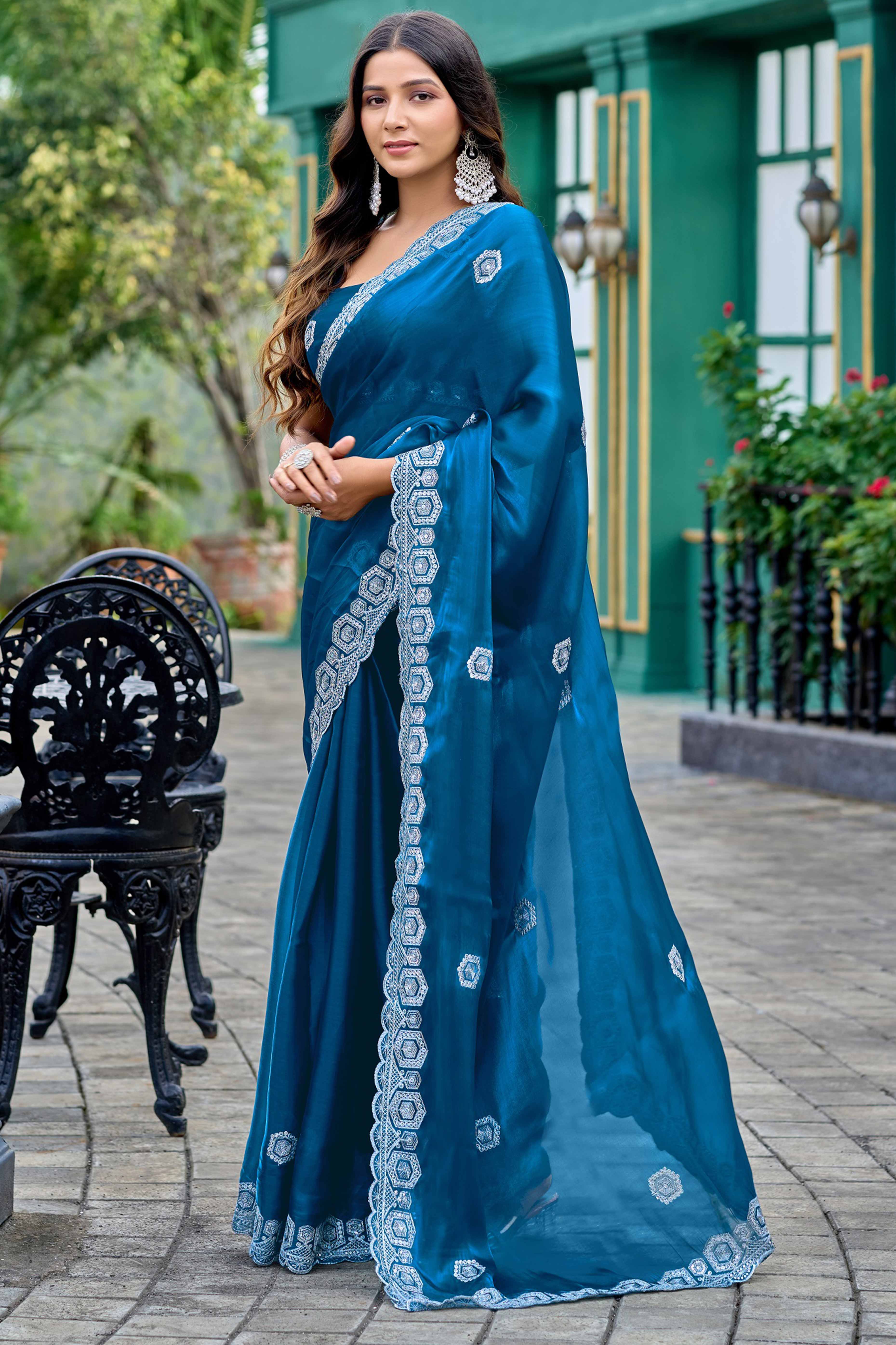 Shimmering Teal Chiffon Saree with Delicate Sequins Work