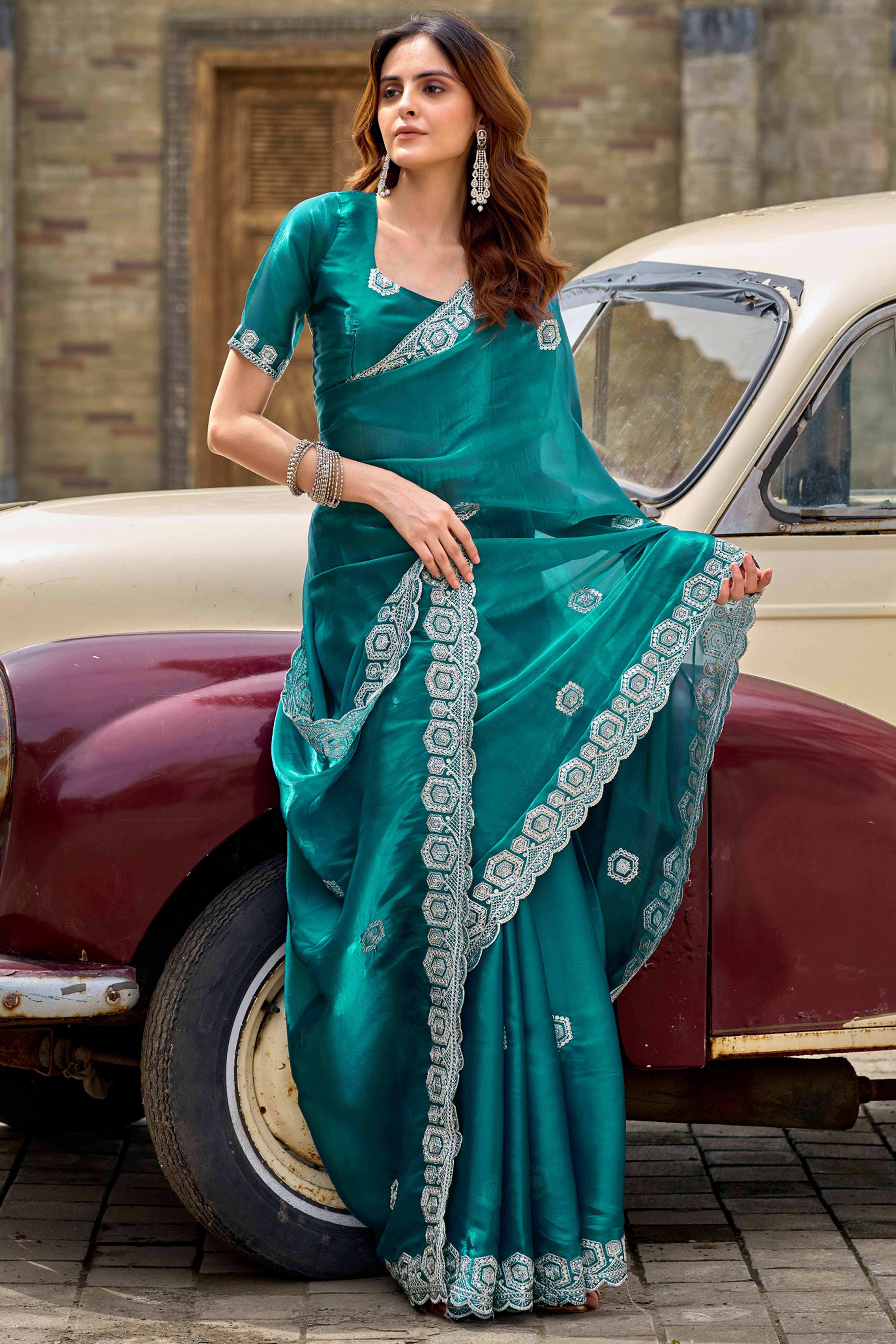 Shimmering Rama Green Chiffon Saree with Delicate Sequins Work
