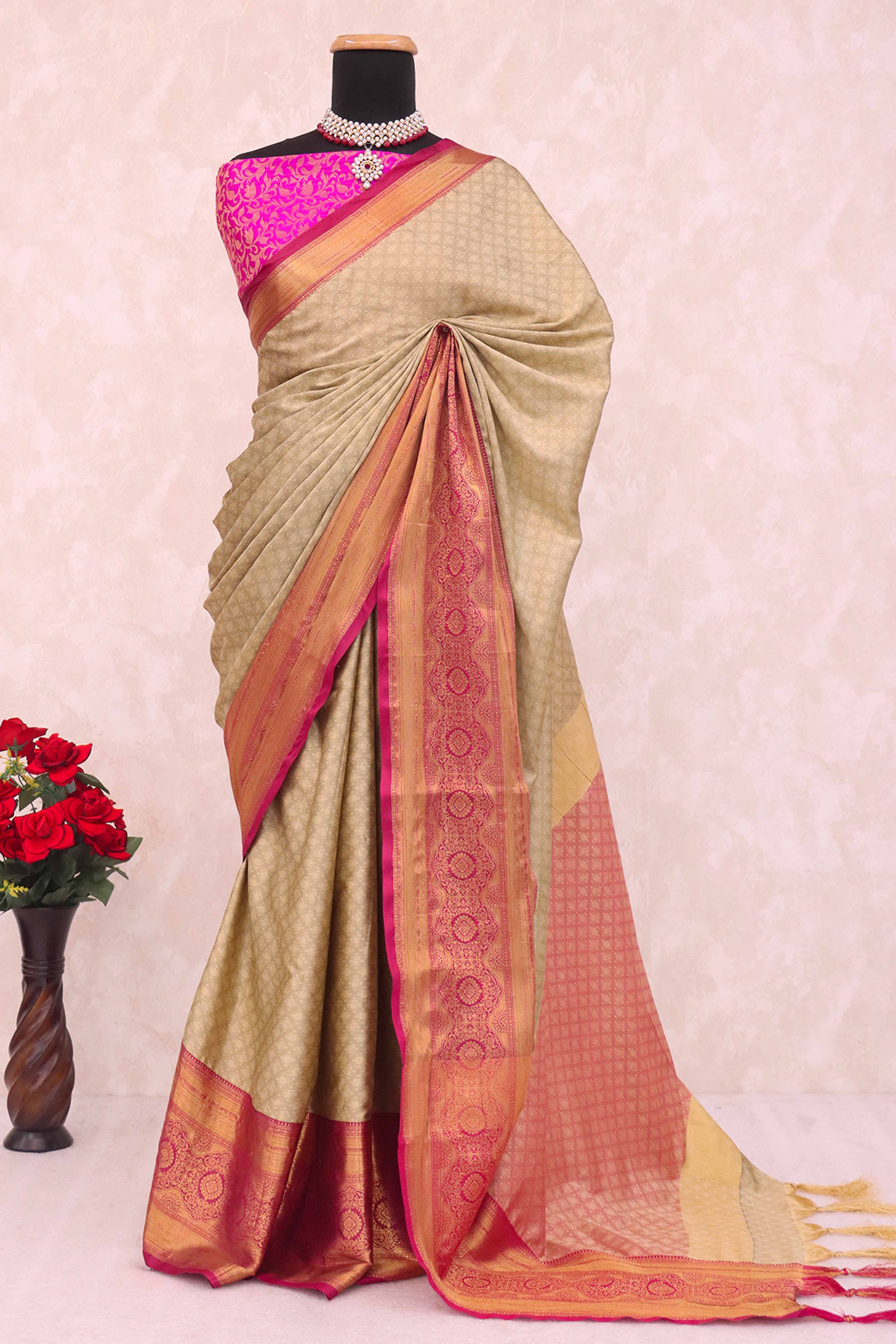 Beige Silk Blend Saree With Detailed Zari Weaving & Tassel Embellishments