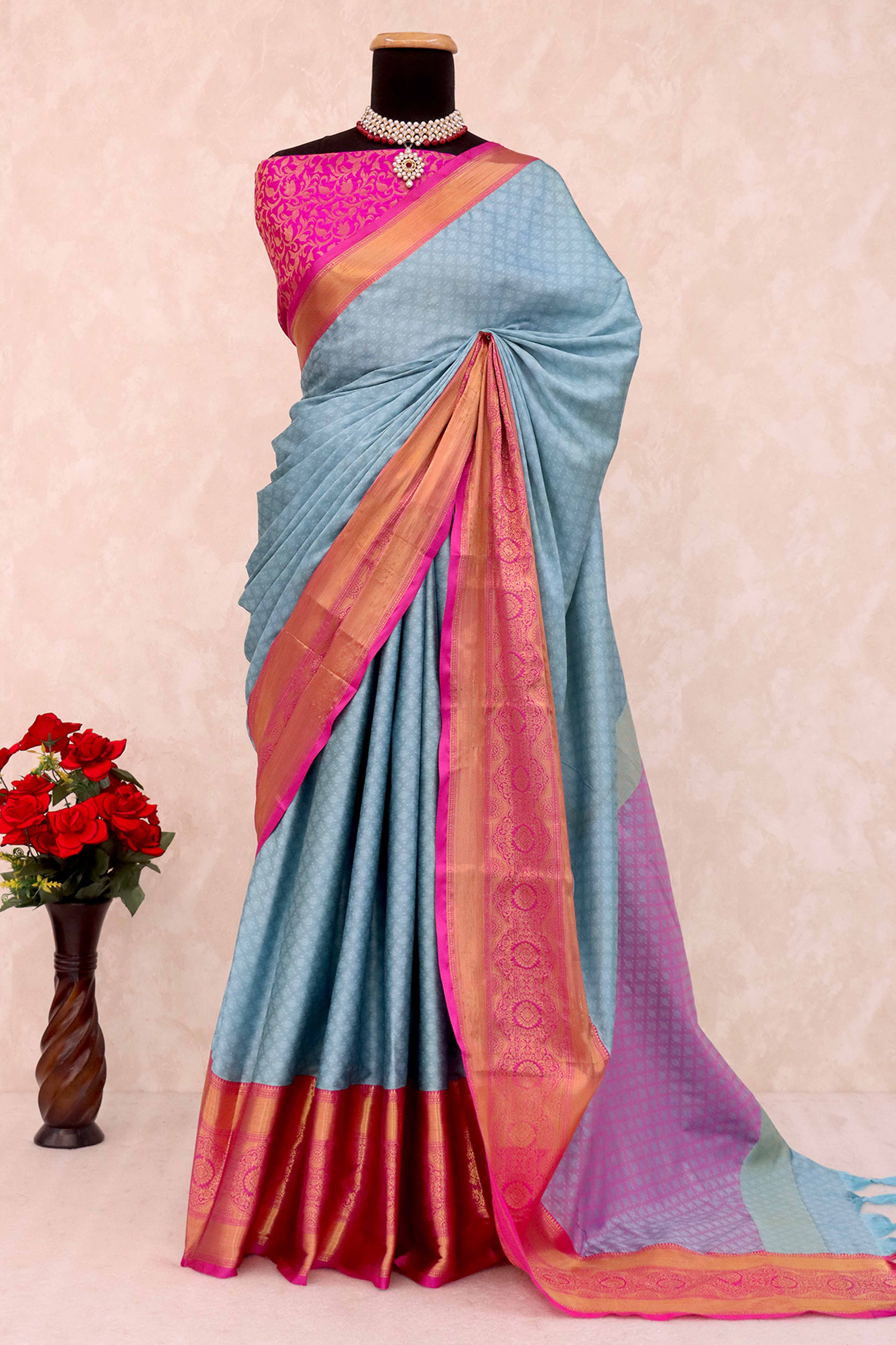 Sky Blue Silk Blend Saree With Detailed Zari Weaving & Tassel Embellishments