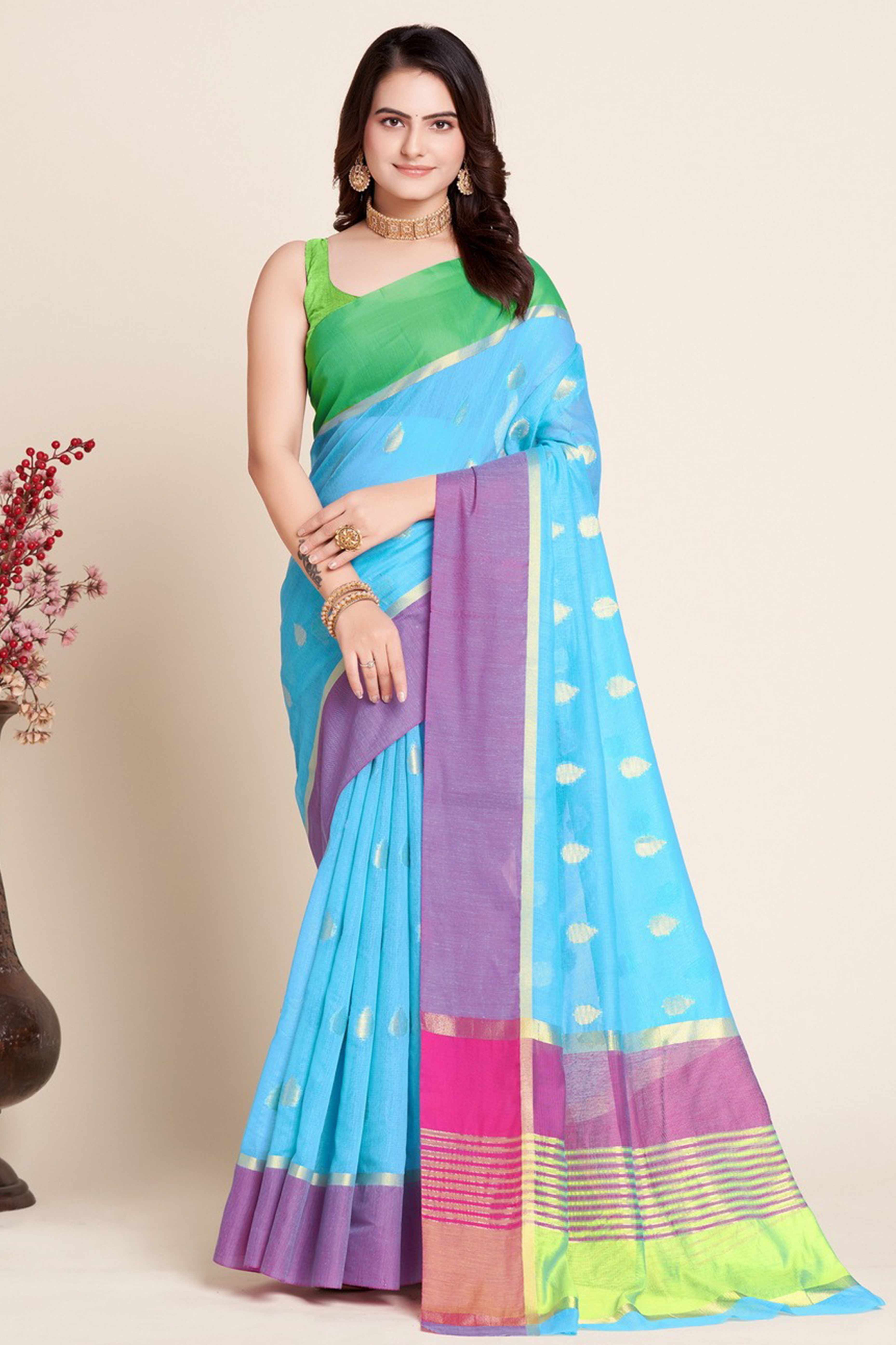 Sky Blue Zari Weaving Cotton Silk Saree