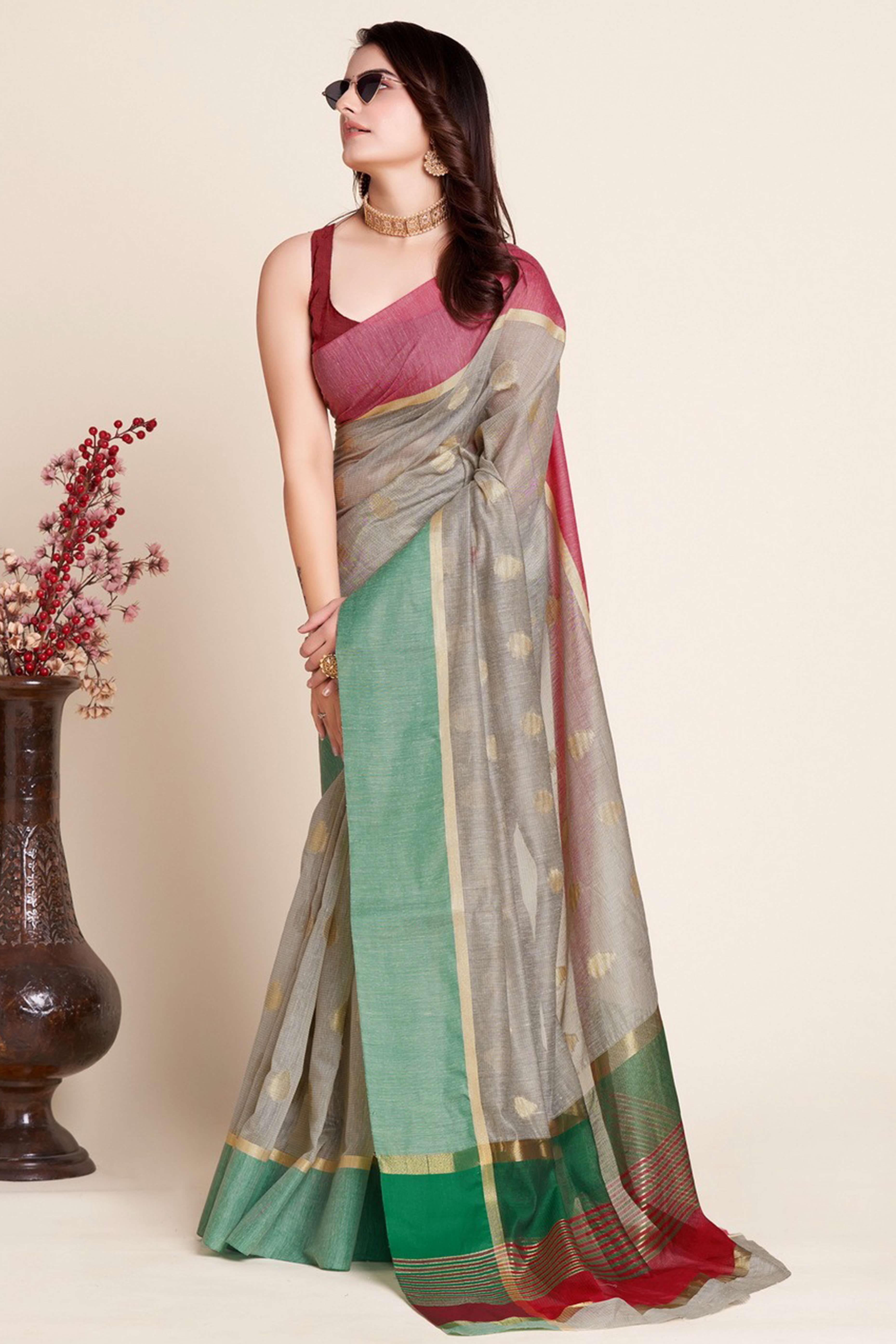Grey Zari Weaving Cotton Silk Saree