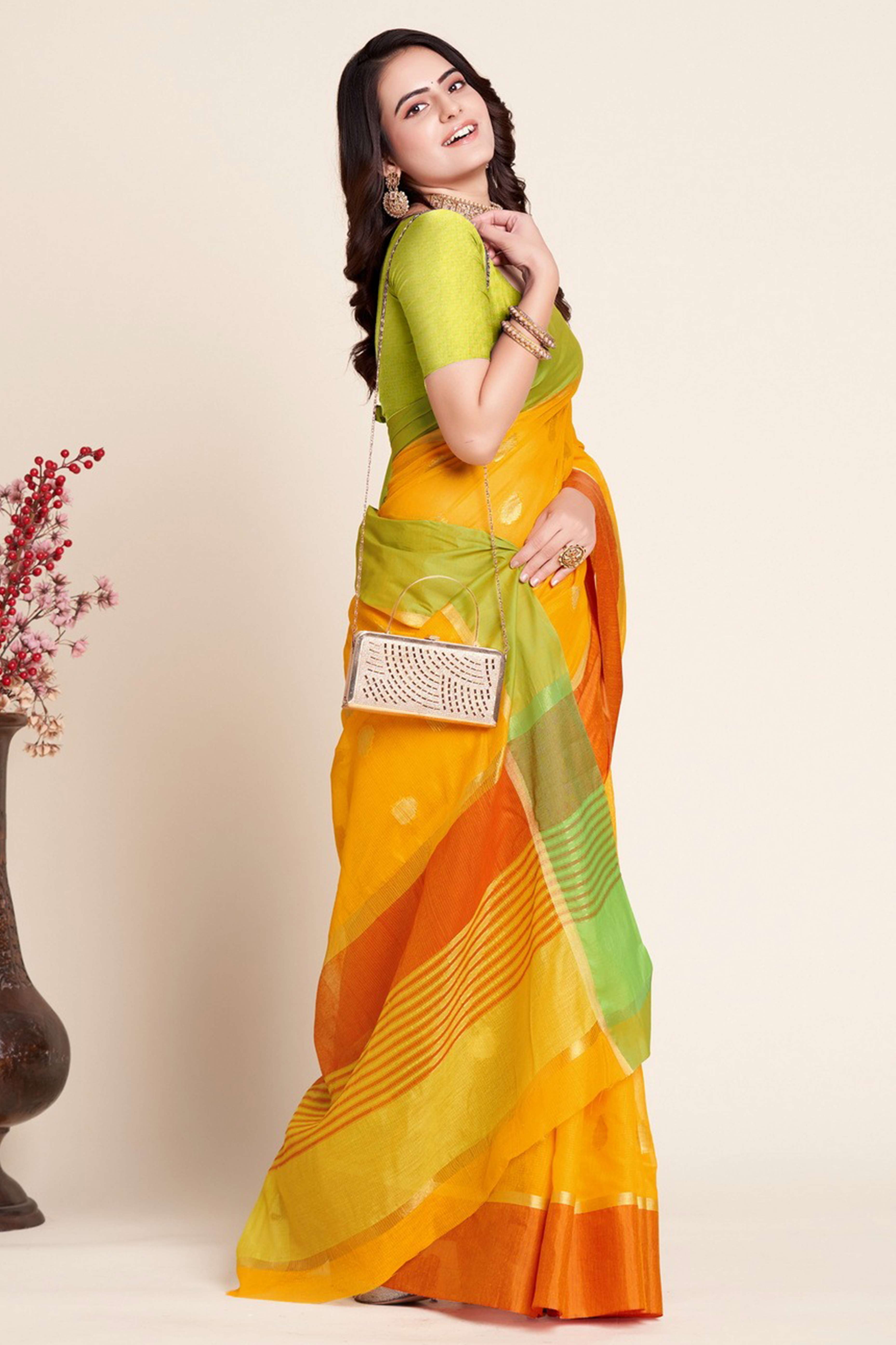 Yellow Zari Weaving Cotton Silk Saree