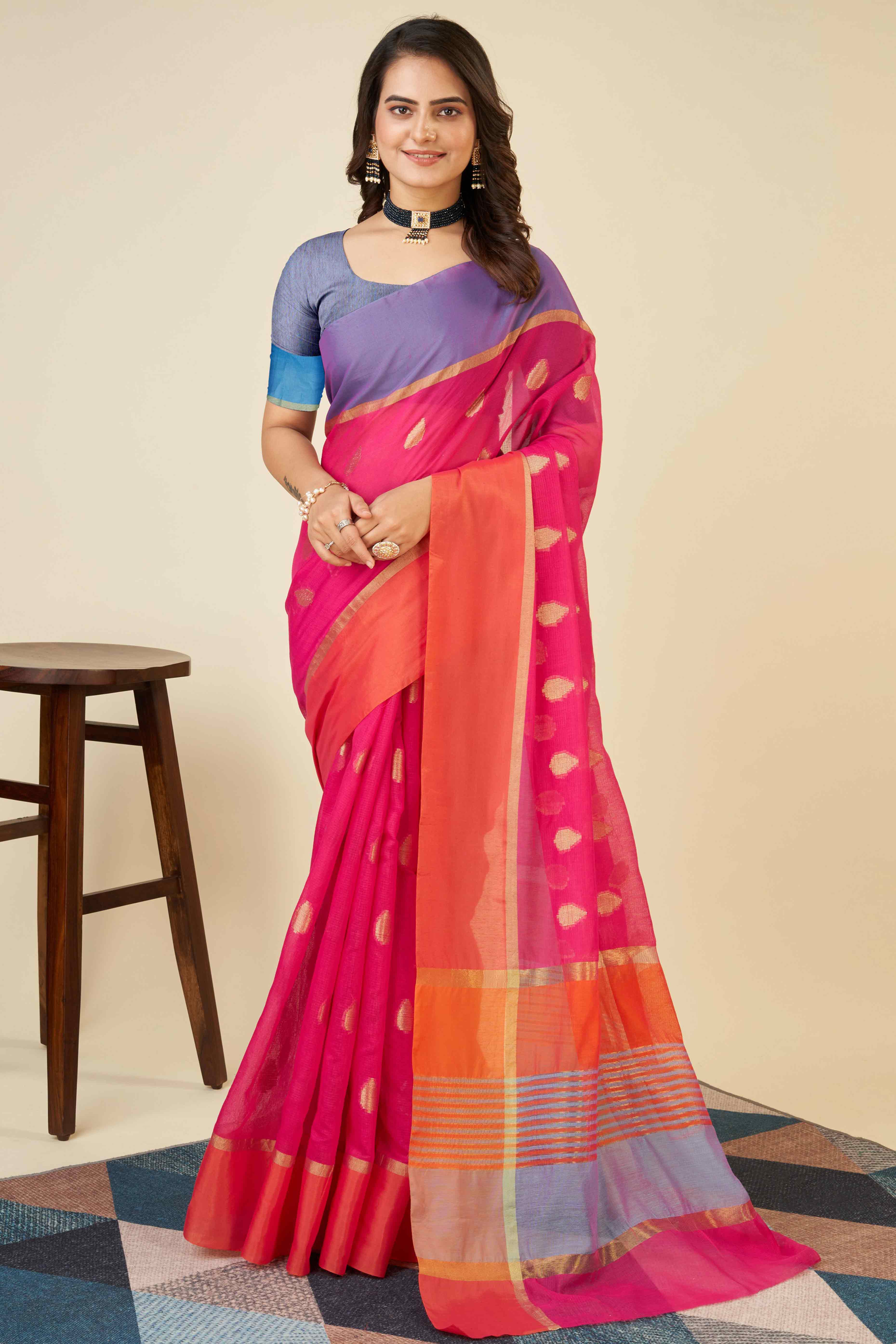 Pink Zari Weaving Cotton Silk Saree