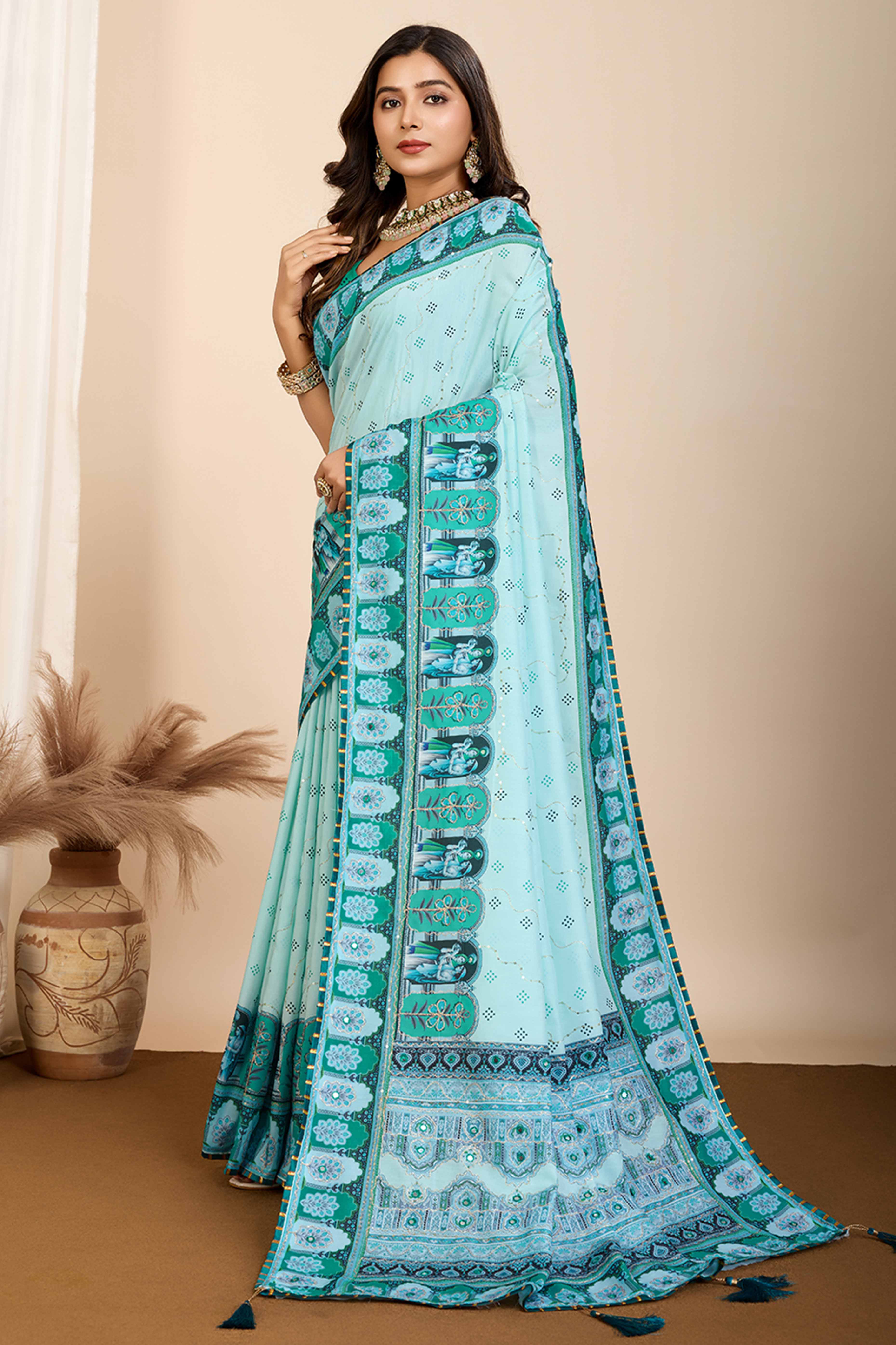 Sky Blue Digital Print with Embroidery Work Muslin Saree
