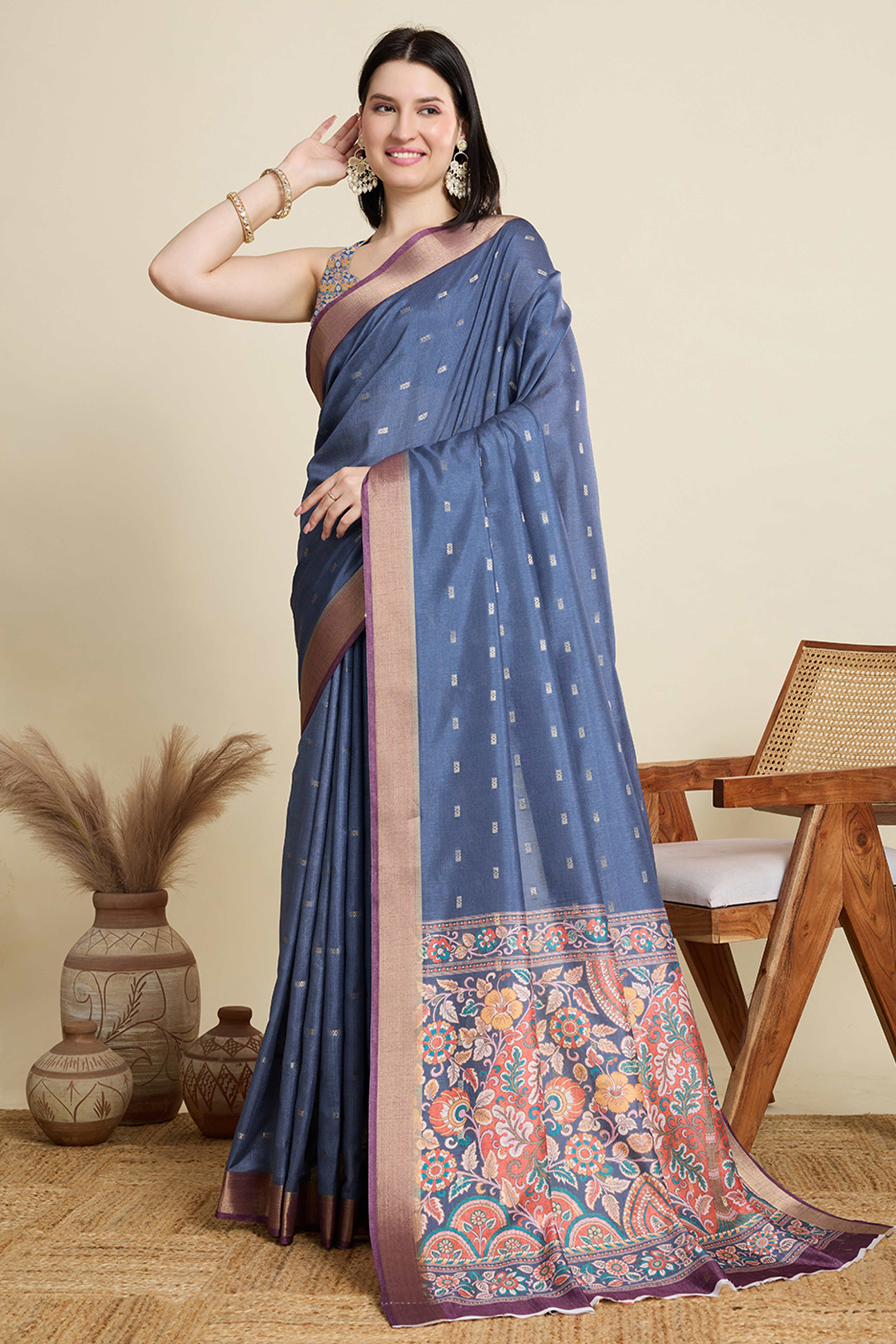 Blue Cotton Blend Saree with Traditional Weaving Butti Work and Gleaming Zari Border