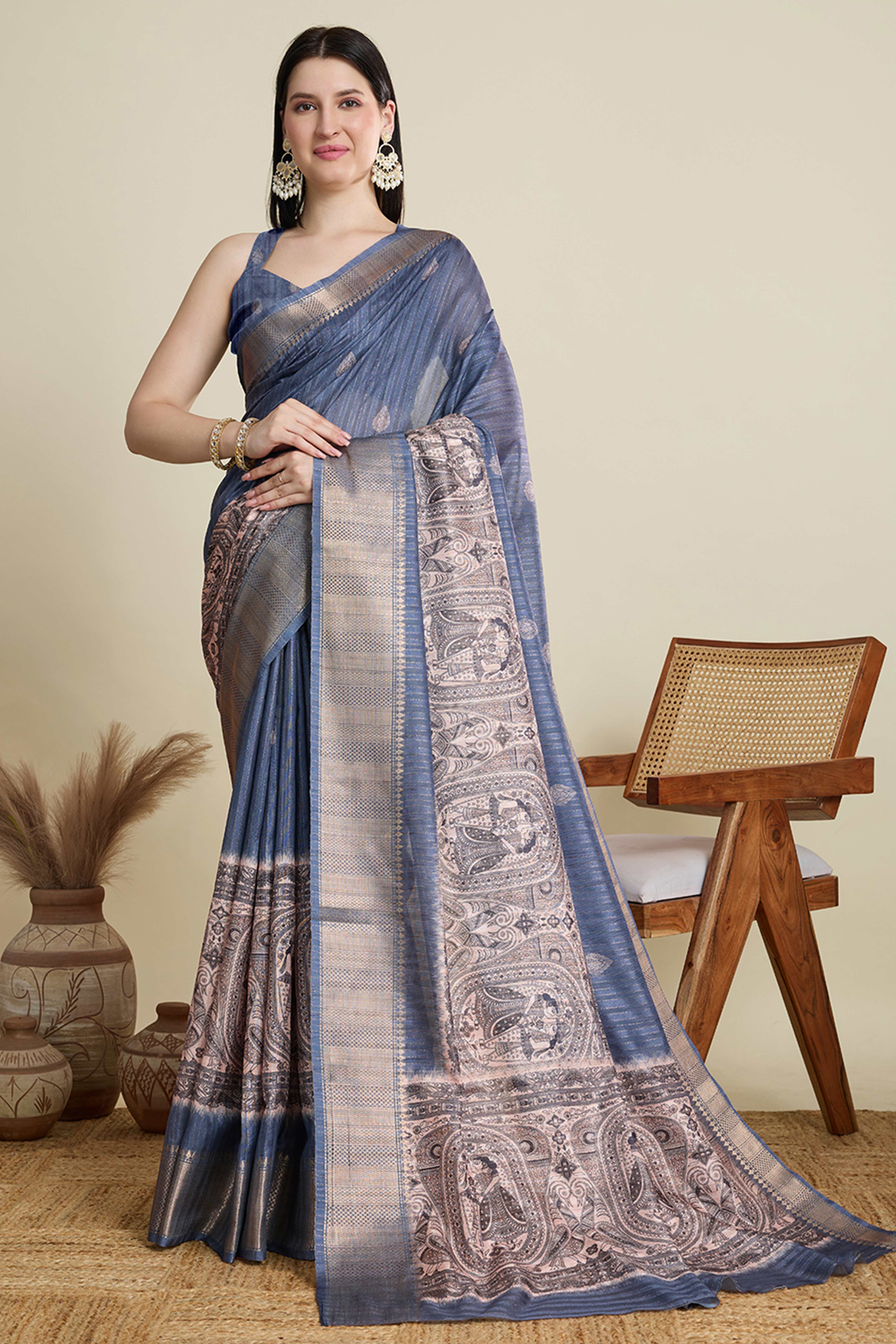 Blue Cotton Blend Saree Featuring Floral Prints and a Festive Zari Border Accent