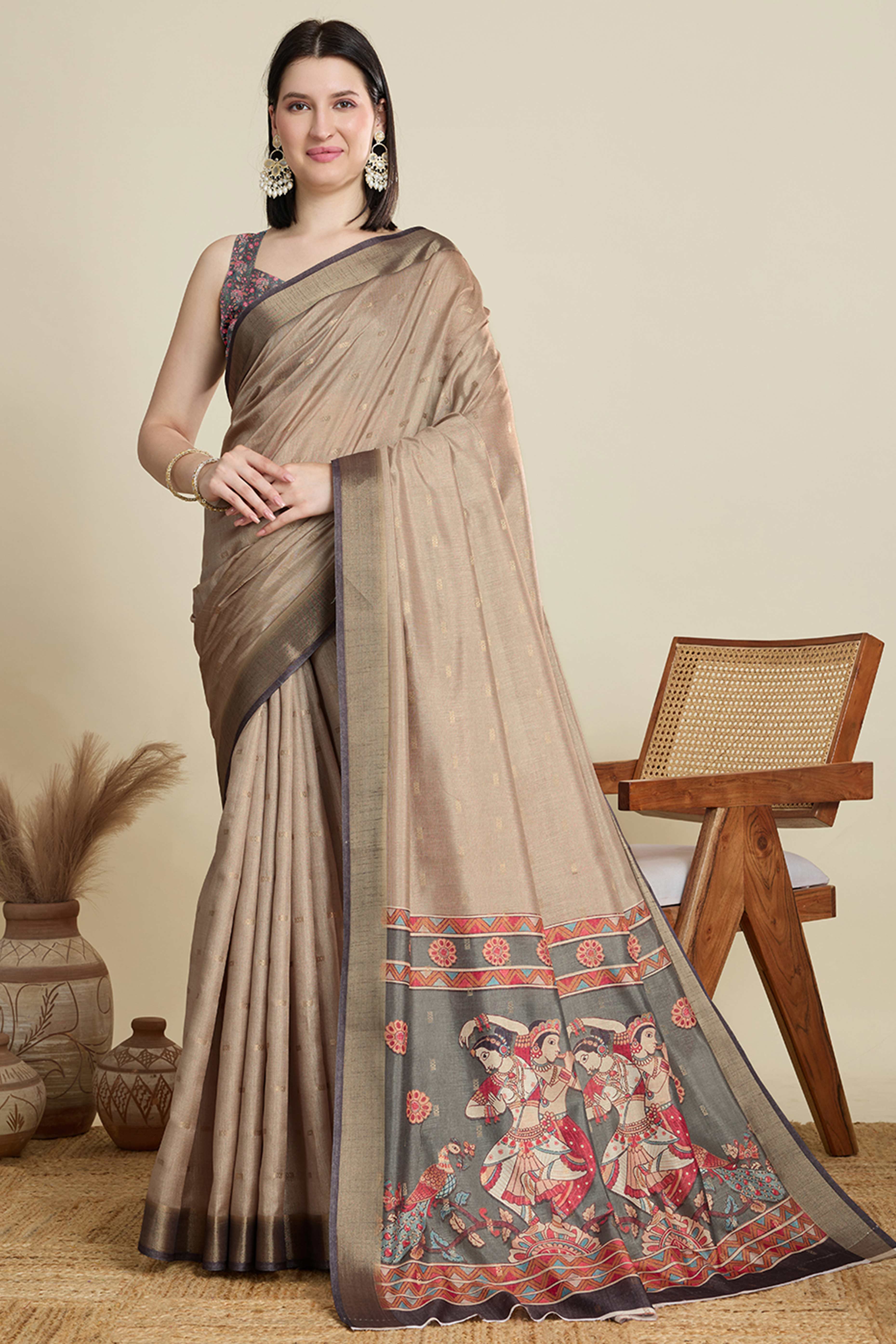 Beige Cotton Blend Saree with Traditional Weaving Butti Work and Gleaming Zari Border