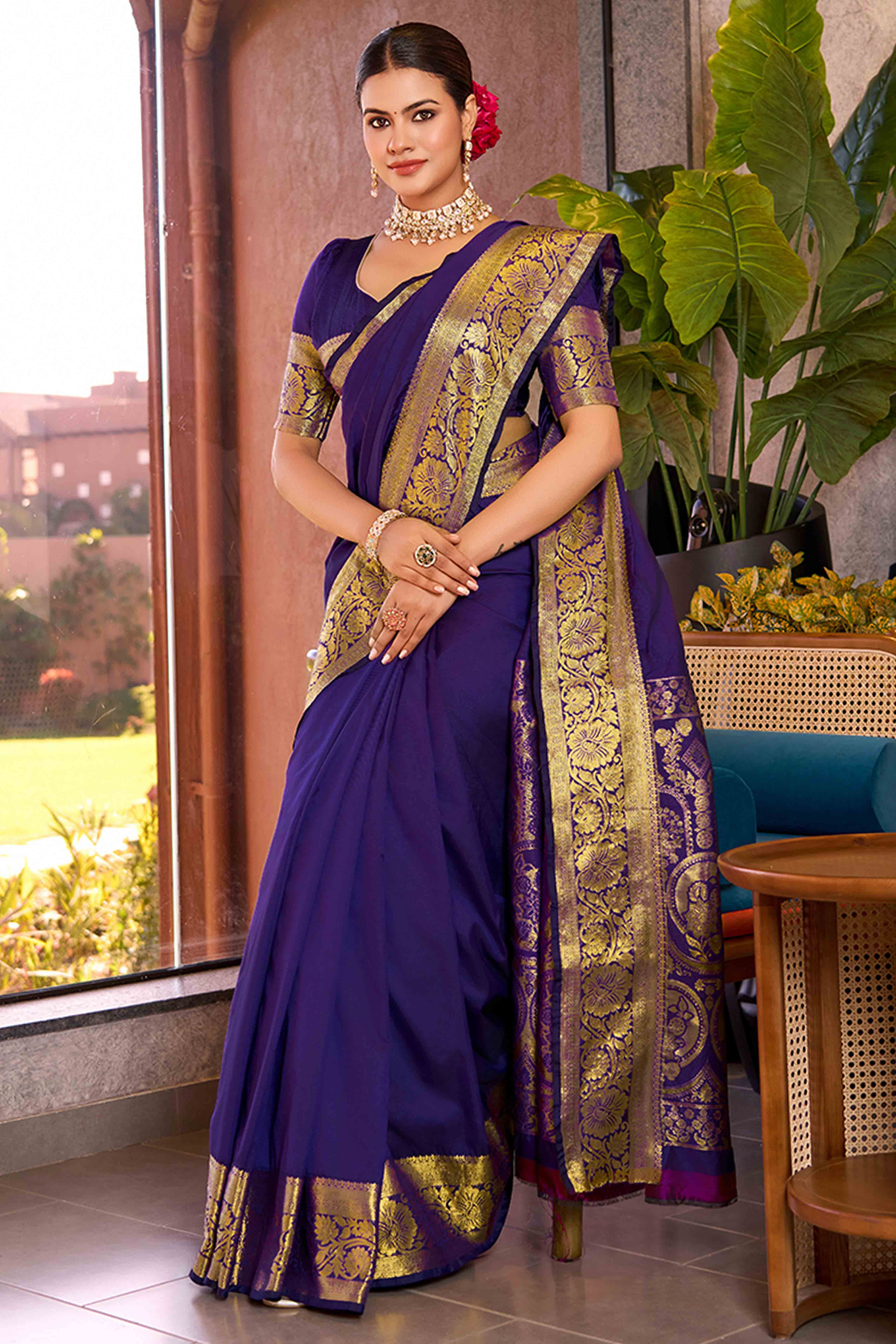 Celebrate Heritage With Majorelle Blue Floral Woven Pure Silk Saree