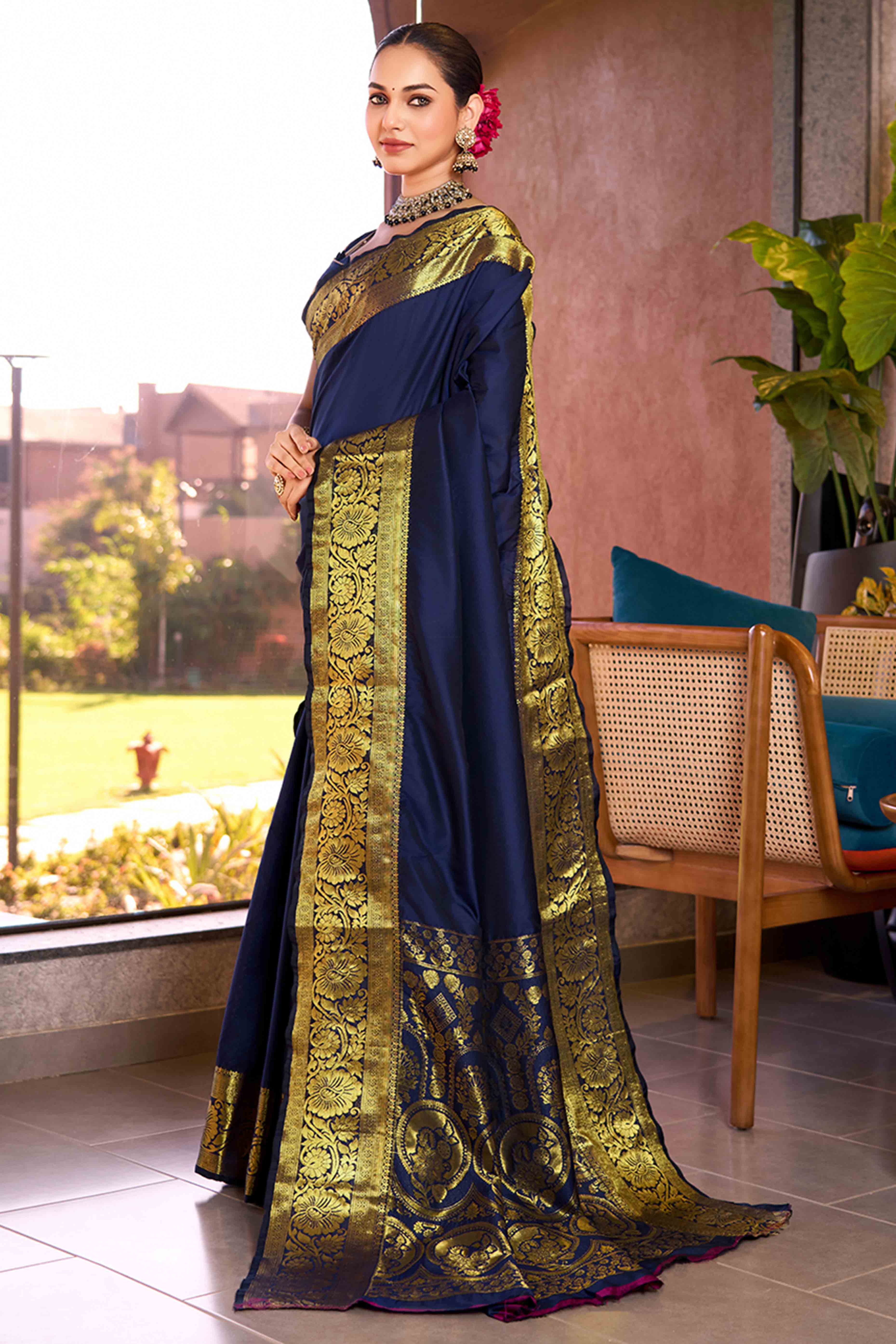 Unveil Your Grace In Navy Blue Floral Woven Pure Silk Saree
