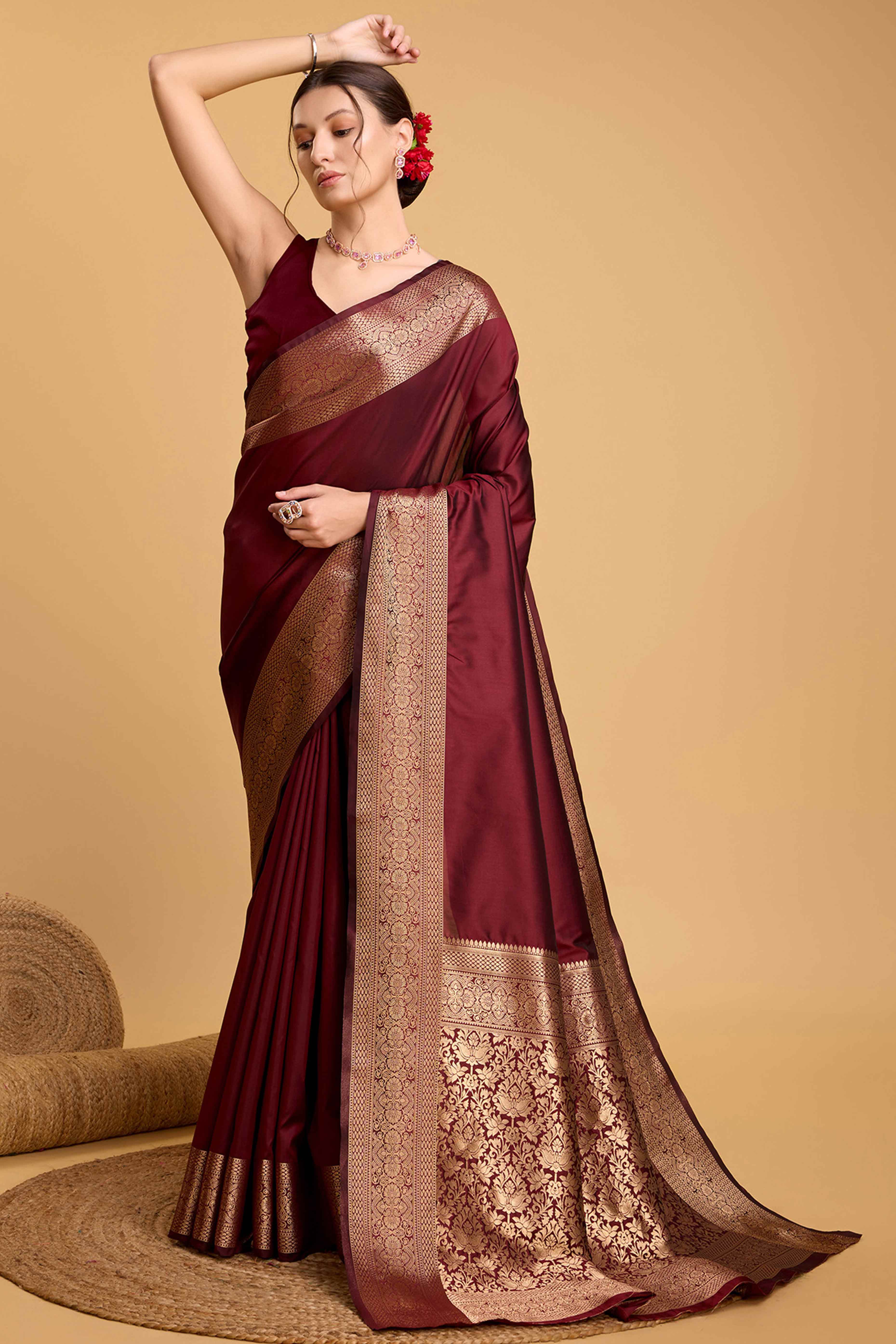 Maroon Zari Weaving Banarasi Silk Saree
