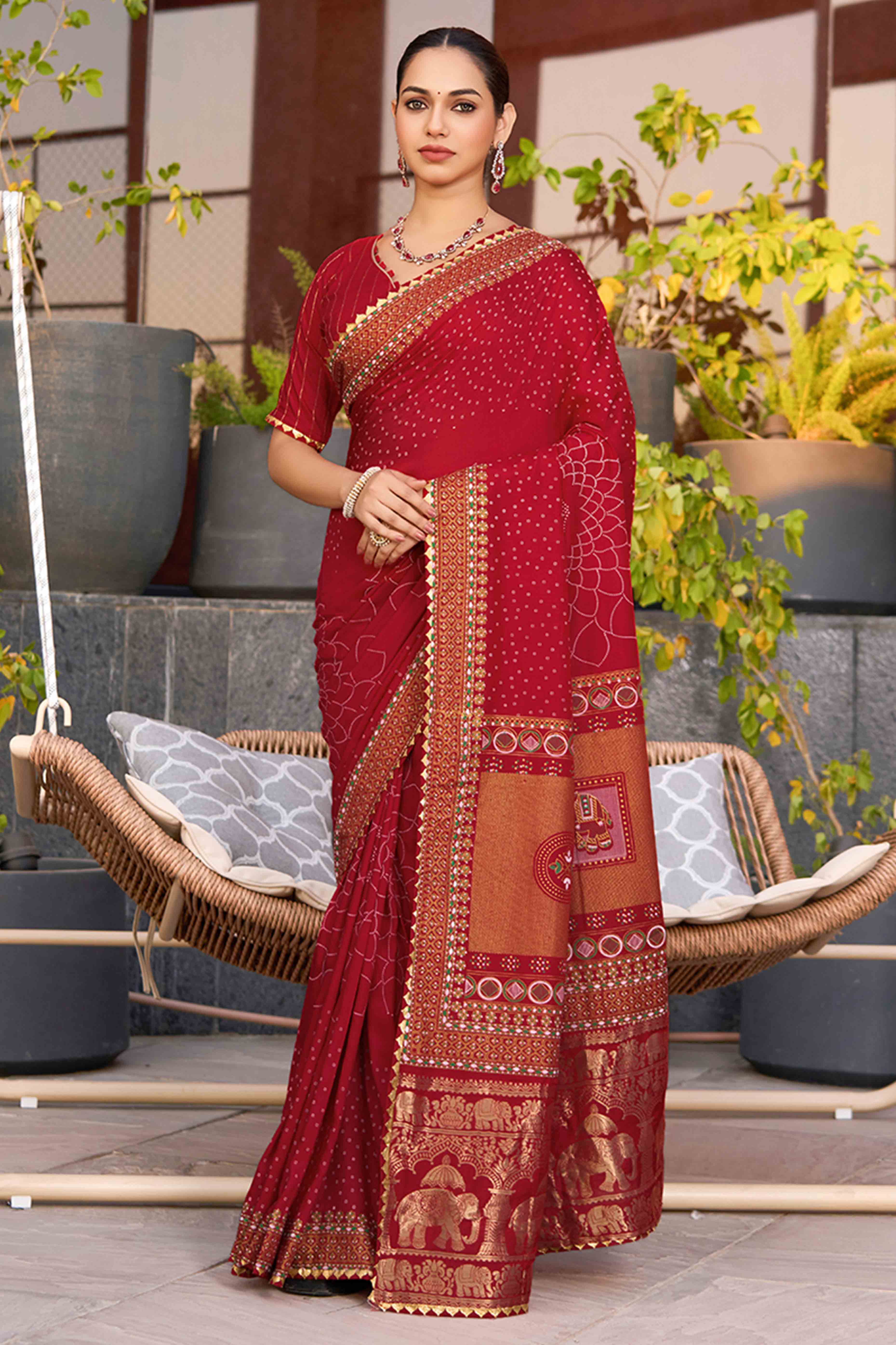 Celebrate Heritage With Red Bandhani Foil Printed Cotton Silk Sarree With Lace Border