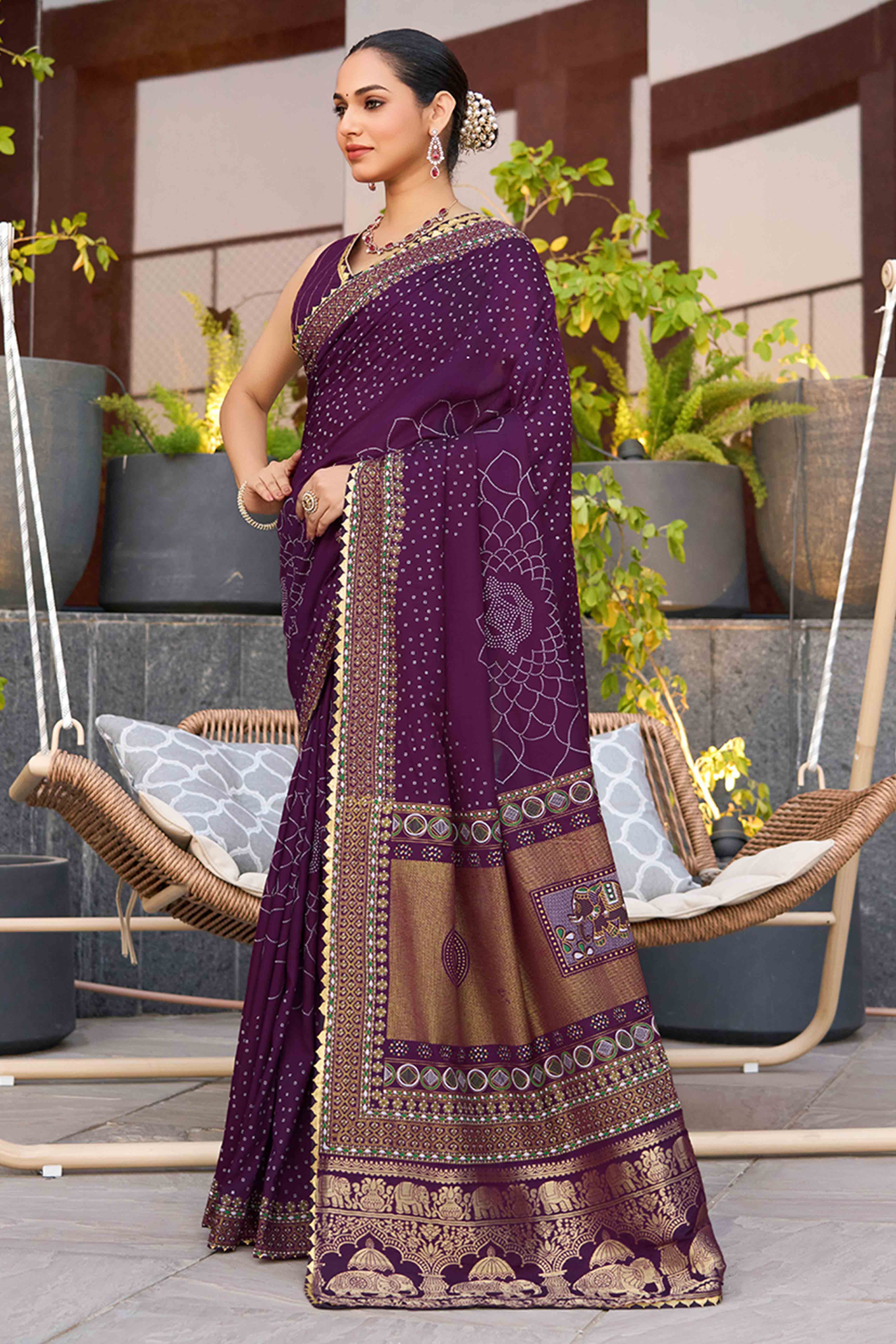 Experience Timeless Beauty With Wine Bandhani Foil Printed Cotton Silk Sarree With Lace Border