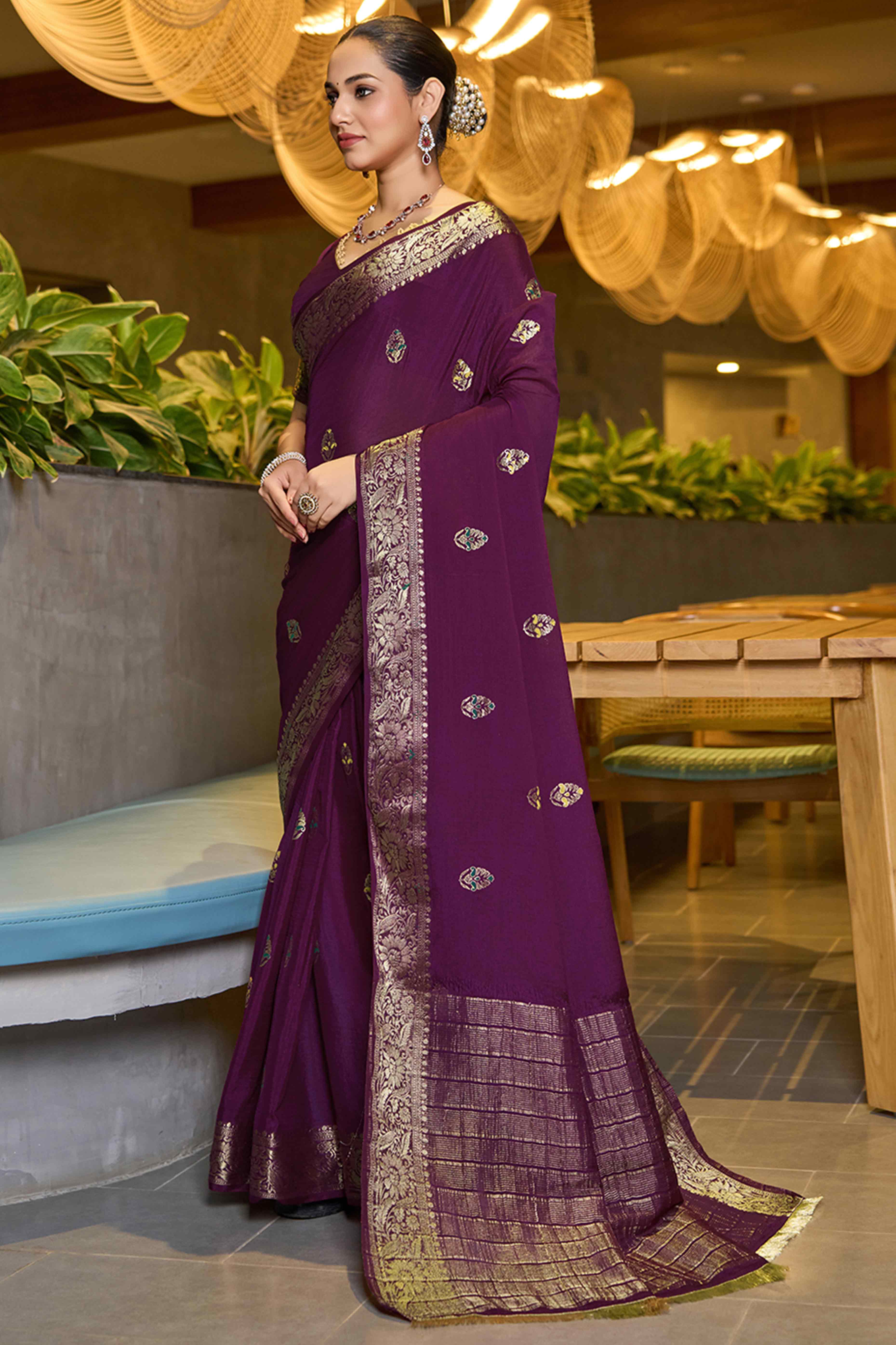 Celebrate Heritage With Wine Floral Woven Chinon Silk Saree